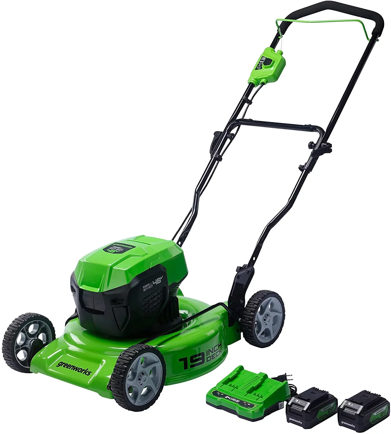 Greenworks 2 x 24V (48V) 19″ Brushless Push Lawn Mower, 2 x 4.0Ah USB Batteries and Dual Port Rapid Charger Included