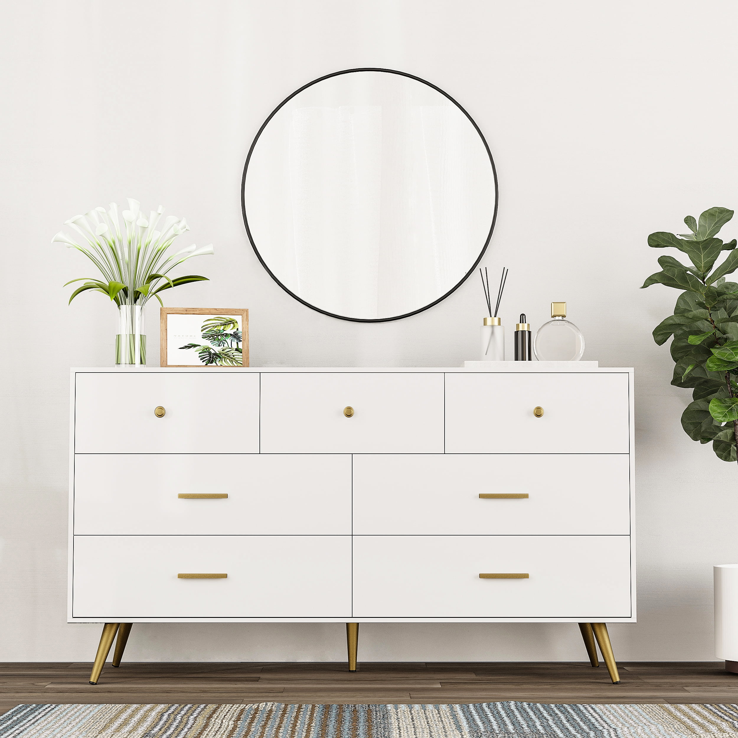 6 Drawer Dresser, Mid-Century Modern Chest Of Drawers, Double Dresser Storage Cabinet For Bedroom Living Room Hallway(White-6 Drawers)