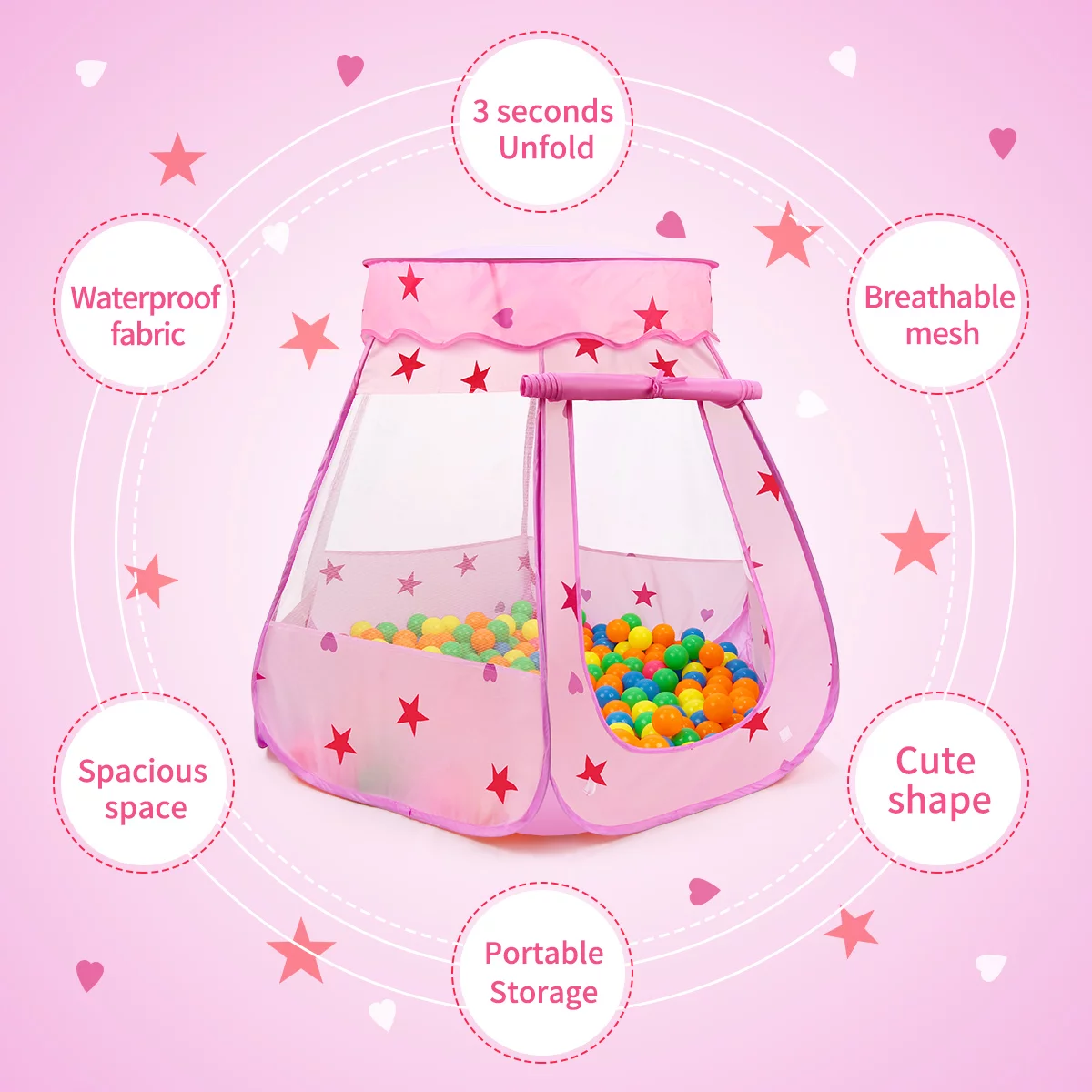 BEAURE Baby Girl Play Tent Pink Princess Playhouse with String Lights Ball Pit Toys for Toddlers Kids Ages 3-6