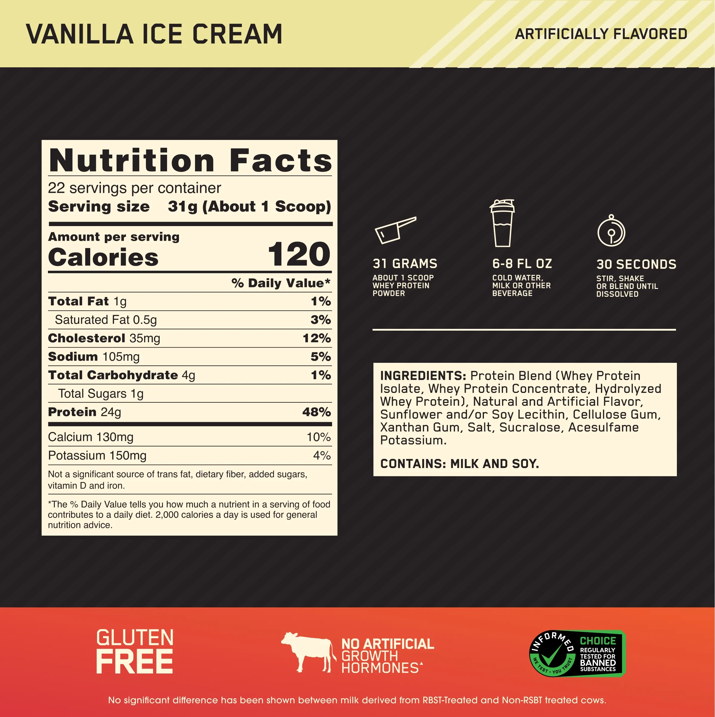 Optimum Nutrition, Gold Standard 100% Whey, Protein Powder, Vanilla Ice Cream, 22 Servings