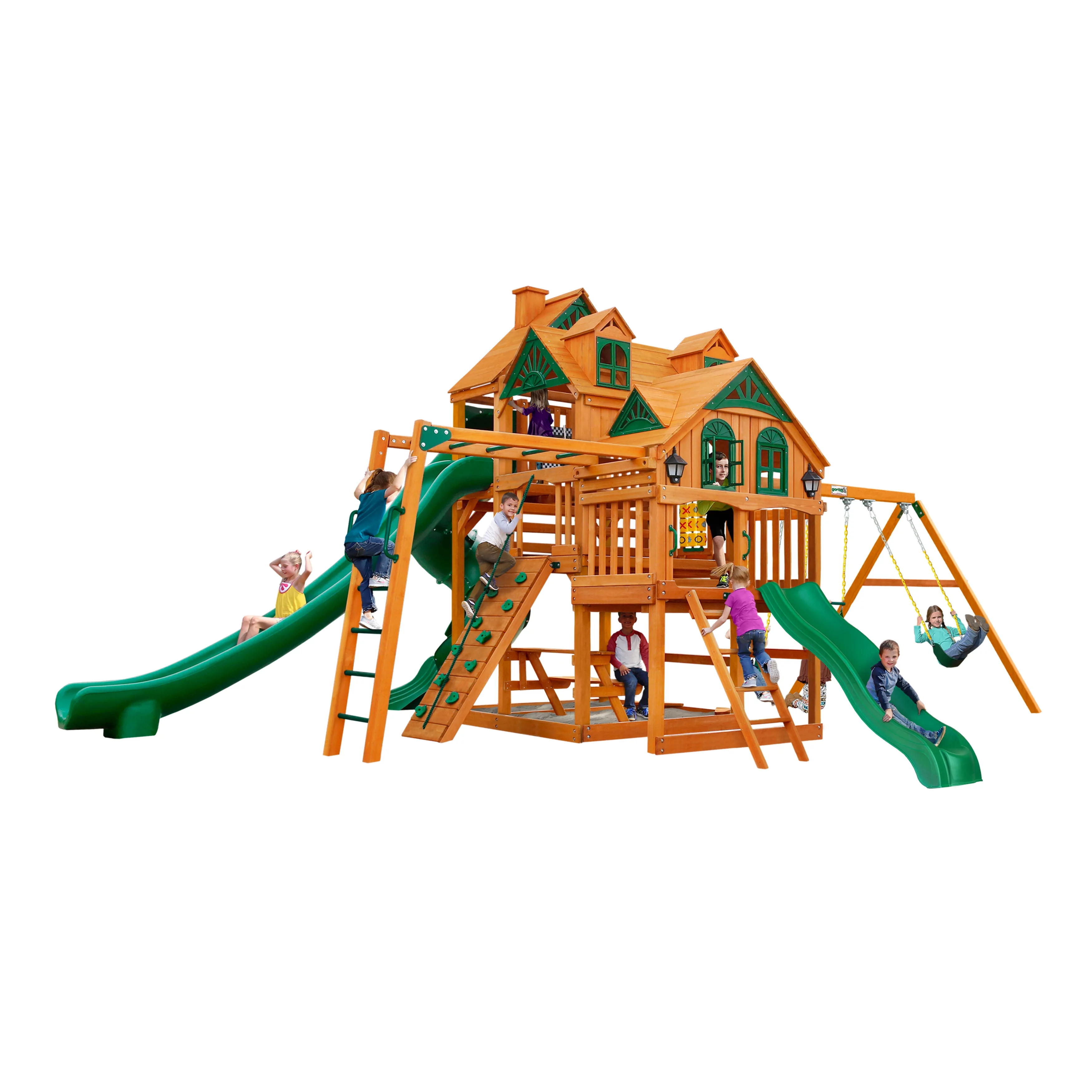 Gorilla Playsets Empire Wooden Swing Set with 2 Solar Wall Lights, Monkey Bars, and 3 Slides