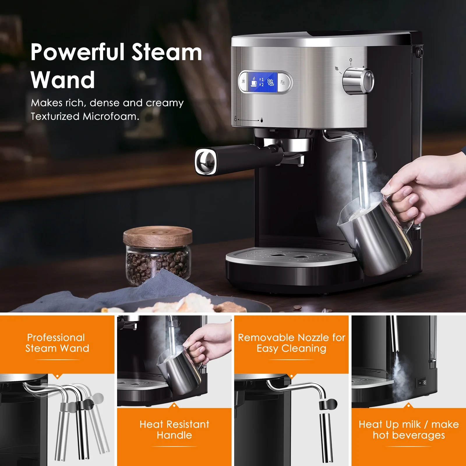 Kndko Espresso Machine with Milk Frother Steam Wand, 20 Bar Pump Professional Coffee Machine, Brand New, Stainless Steel