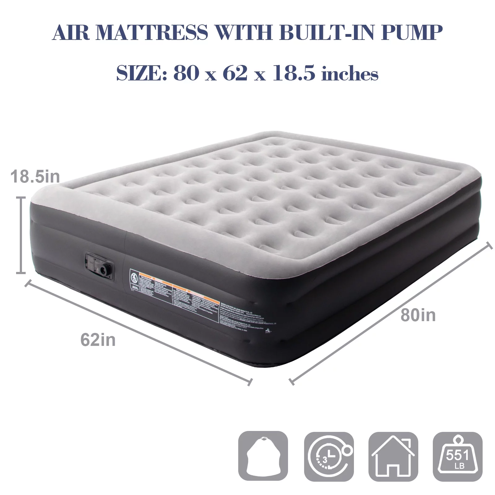 Honeydrill Queen Size Air Mattress 18.5″ AirBed Inflatable with Built-In Pump, Gray