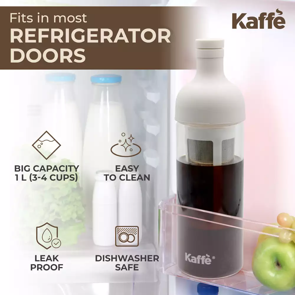 Kaffe Cold Brew Coffee Maker, 1L cold wine bottle, Cold brew coffee and Tea Brewer, Easy to clean Mesh filter, iced coffee accessory, Tritan Glass cold coffee maker