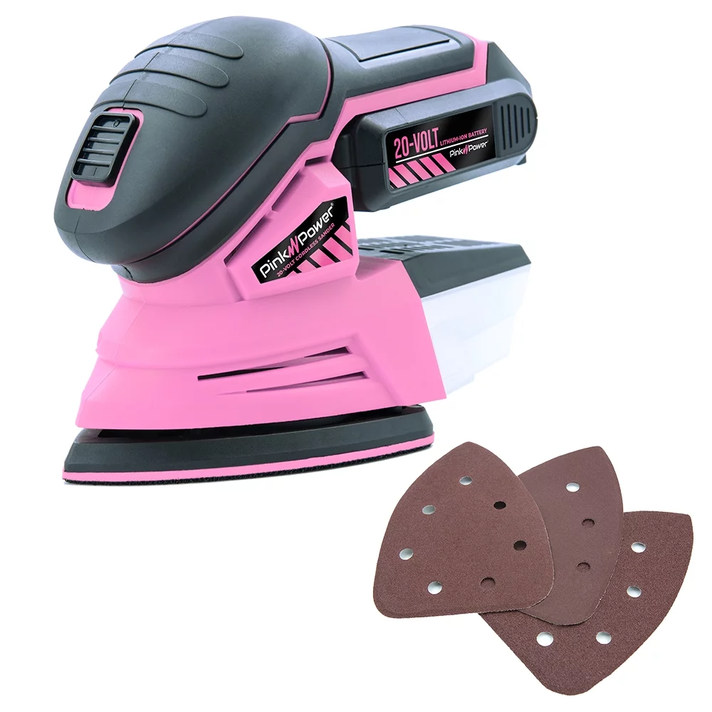 Pink Power Sander Tool – Detail Sander – Hand Sanders for Wood – 20V Palm Sander Cordless for Woodworking with Sandpaper, Li-Ion Battery & Charger