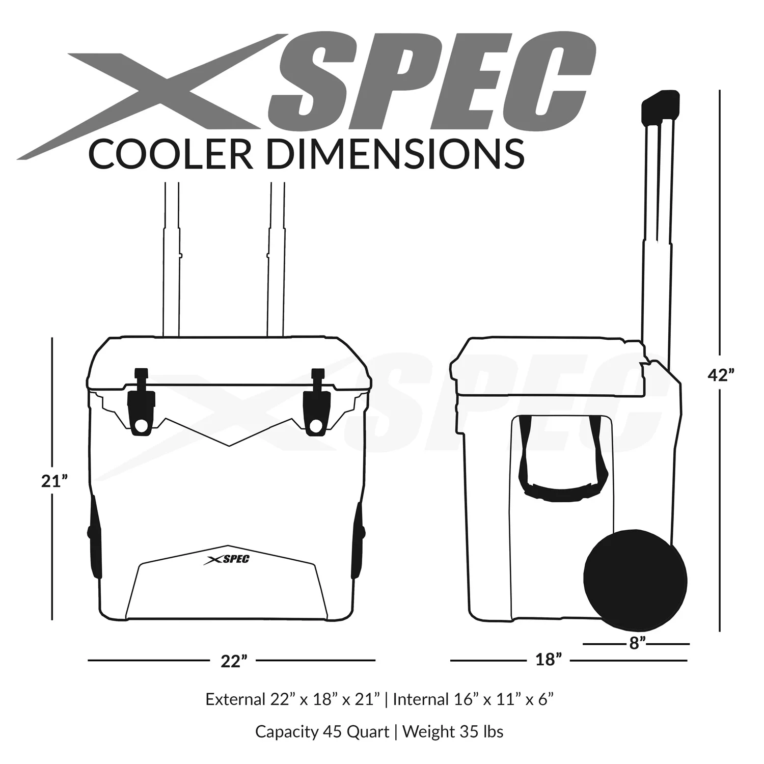 Xspec  45 Quart Towable Roto Molded Ice Chest Outdoor Camping Cooler with