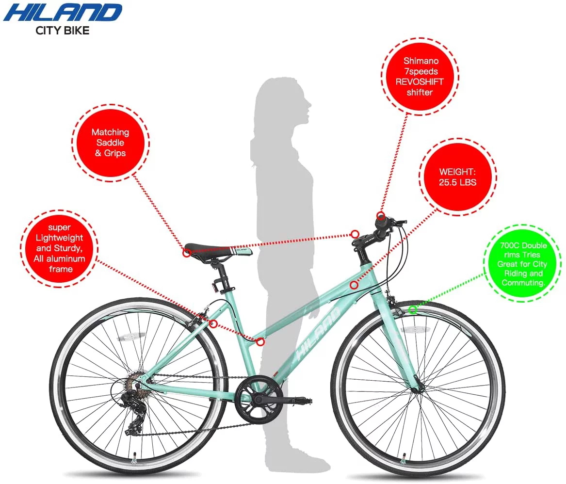 Hiland Hybrid Bike, Shimano Drivetrain 7 Speeds, 700C Wheels for Men Women Ladies Commuter Bike City Bike