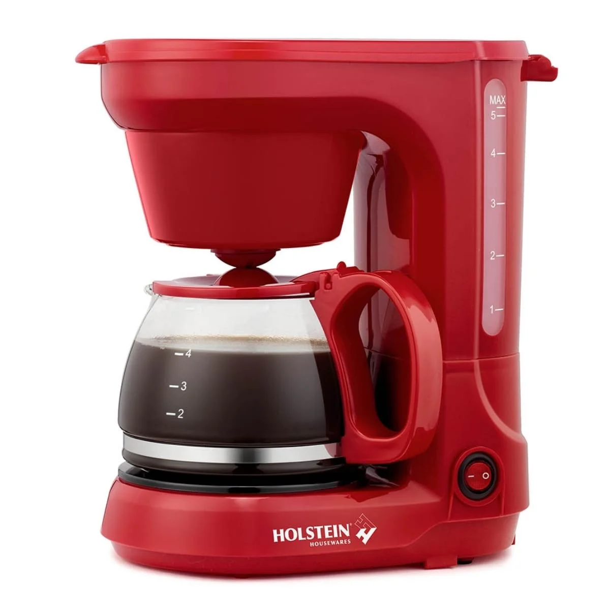 Holstein Housewares 5-CUP Coffee Maker – Space-Saving Design, Auto Pause and Serve, and Removable Filter Basket for Fresh and Rich-Tasting Coffee – RED