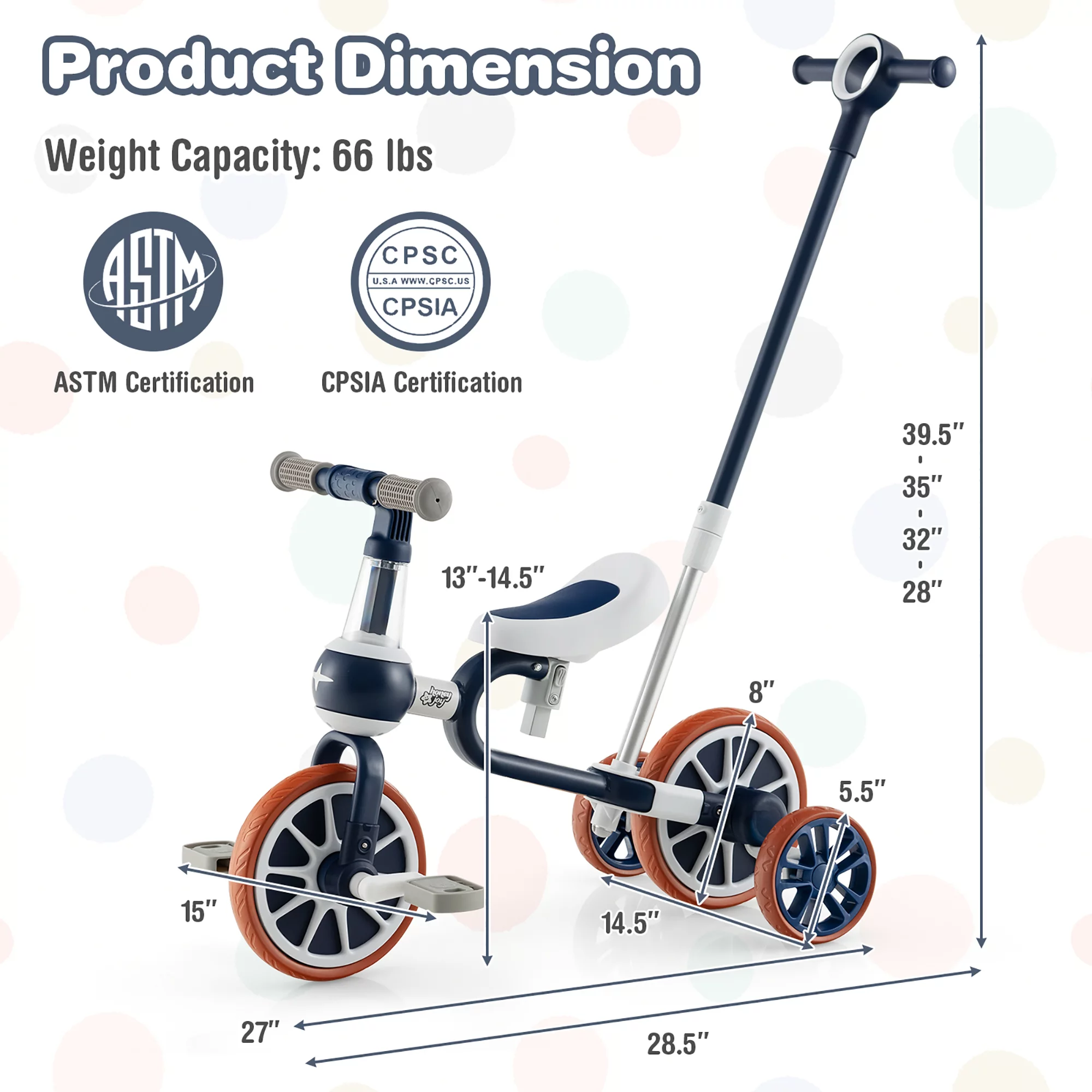 Costway 4 in 1 Kids Tricycles with  Push Handle & Training Wheels Baby Balance Bike Navy