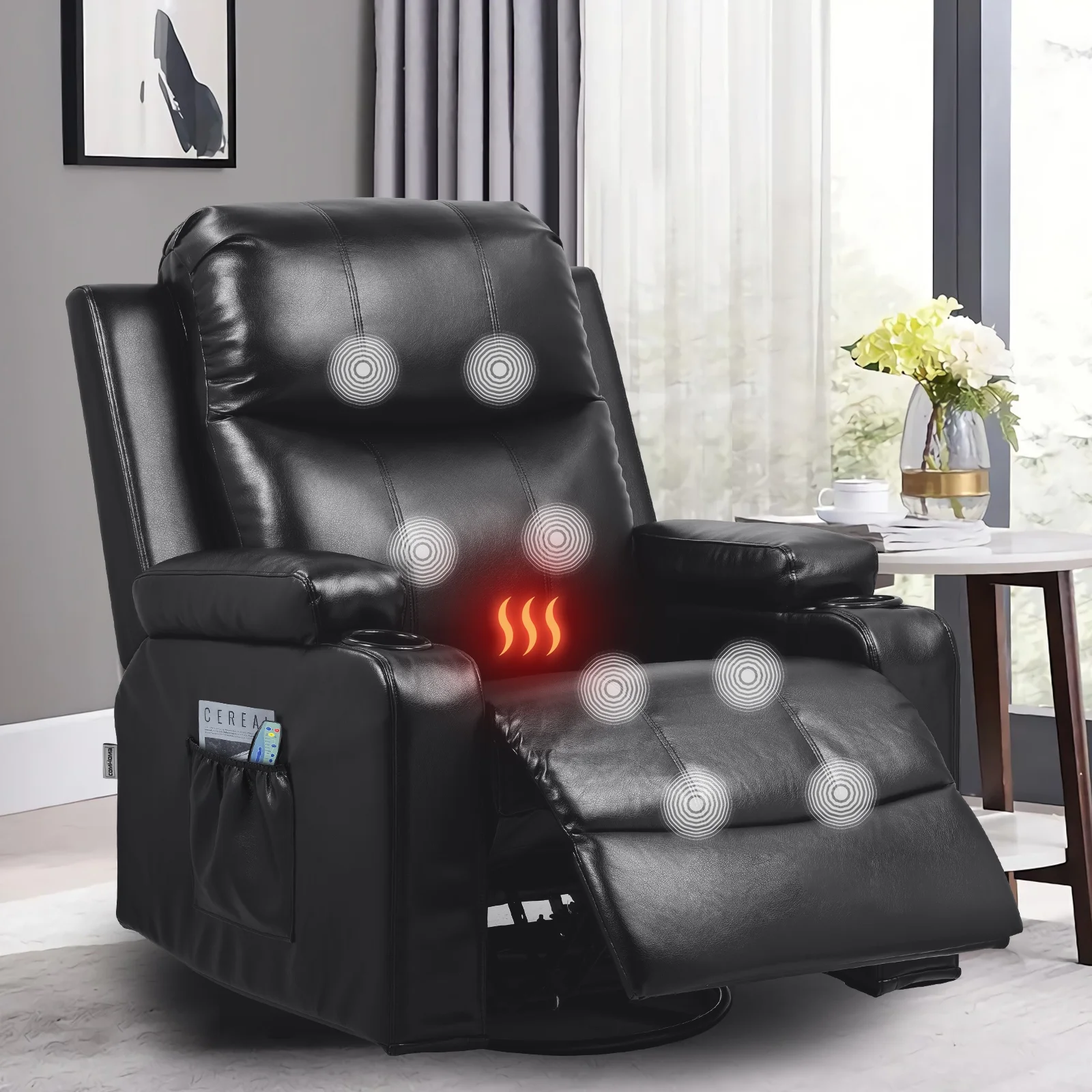 COMHOMA Swivel Rocker Recliner Chair with Heat and Massage, PU Leather Rocking Sofa Home Recliner for Living Room Home Theater Office, Black