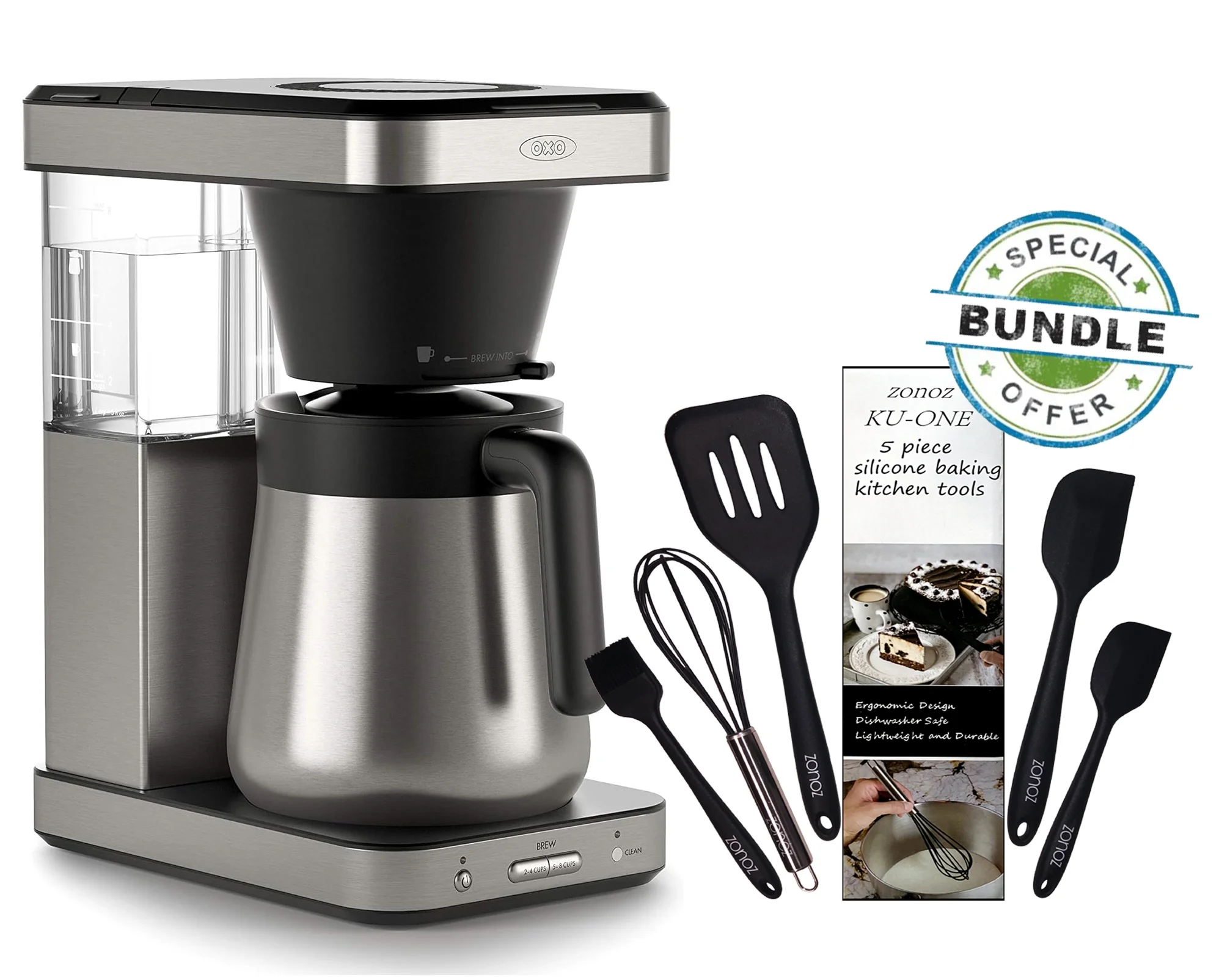 OXO Brew 8 Cup Stainless Steel Coffee Maker & Zonoz Kitchen Tool Bundle