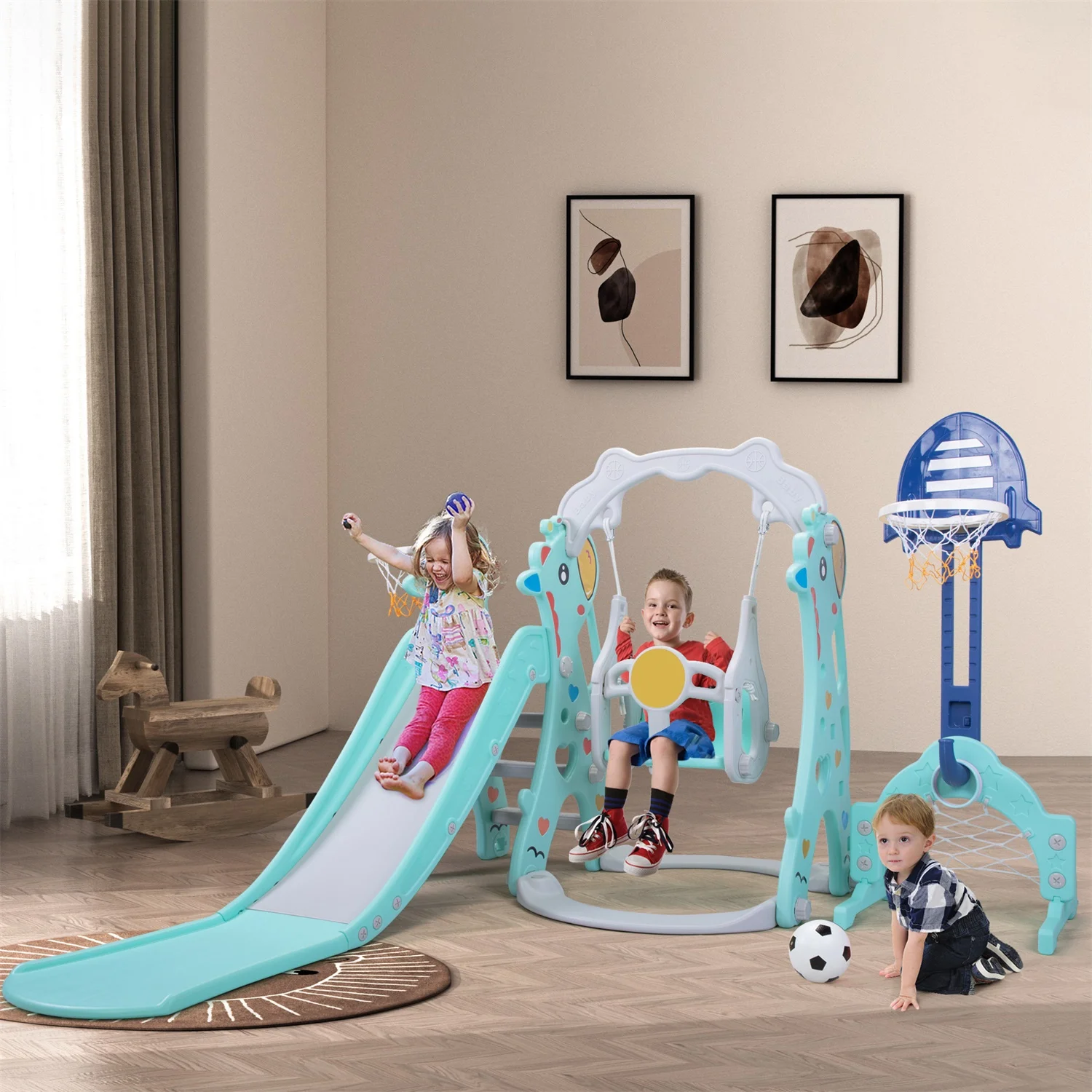 CIPACHO 5 in 1 Kids Slide and Swing Set with 2 Basketball Hoops, Football, Ringtoss, Indoor Outdoor, Blue