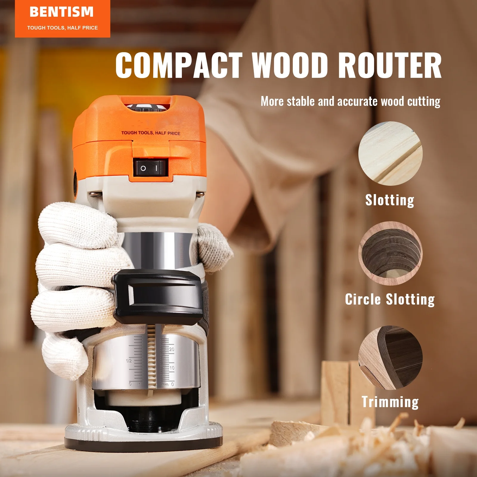 BENTISM 120V 800W 6 Speed 30000RPM Wood Trimmer Router Single base Wood Router Tool for Woodworking, Compact Router with Milling Cutter Sets.