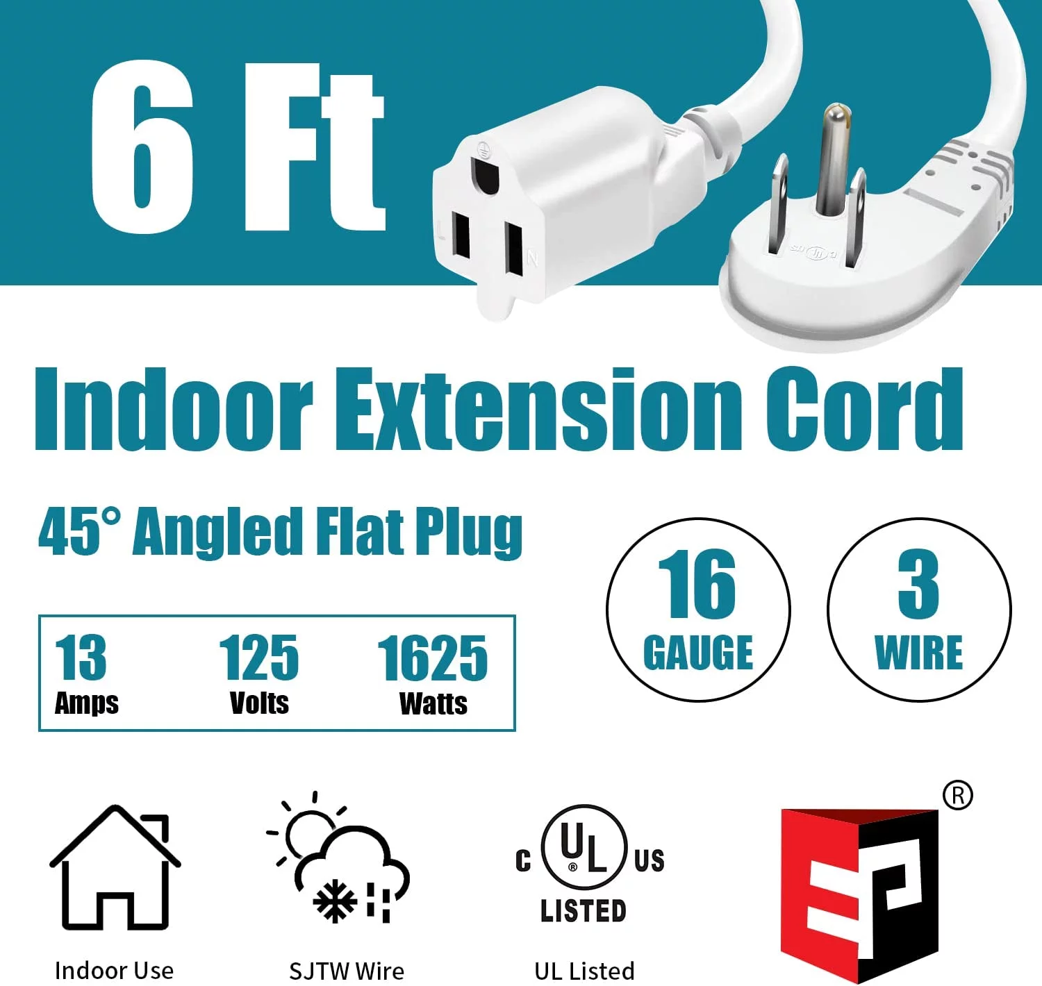 EP 10 Ft 16/3 Flat Plug Indoor Extension Cord, White Low Profile Extension Cable