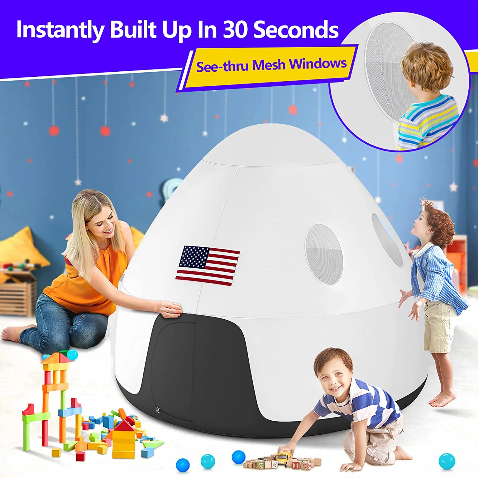 Moncoland Air Fan Fort Blow-up Tent for Kids 3-8 Years Toddlers Playhouse Indoor Gift Toy for Girls Boys