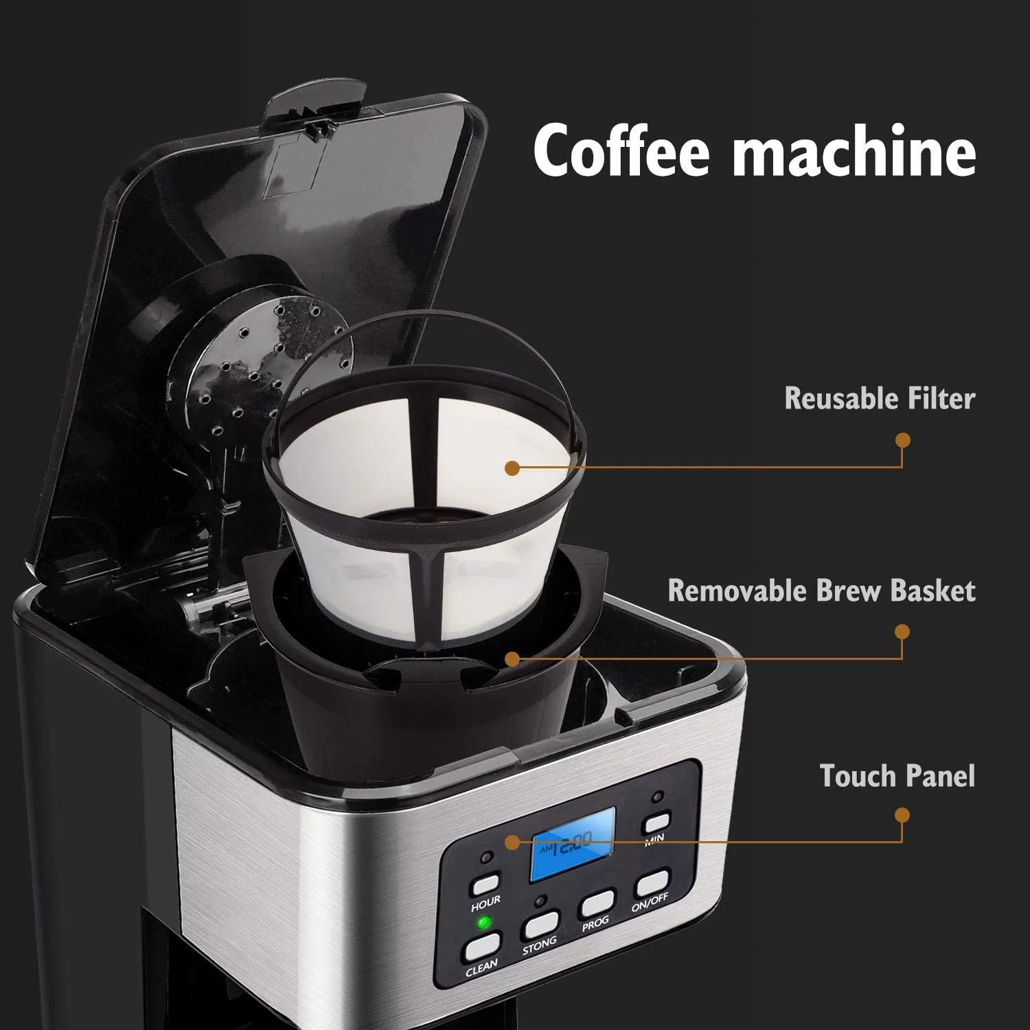 Programmable Coffee Maker, 4-12 Cups Drip Coffee Machine with Glass Carafe, Regular & Strong Brew, Pause & Serve for Home and Office, Taylor Swoden