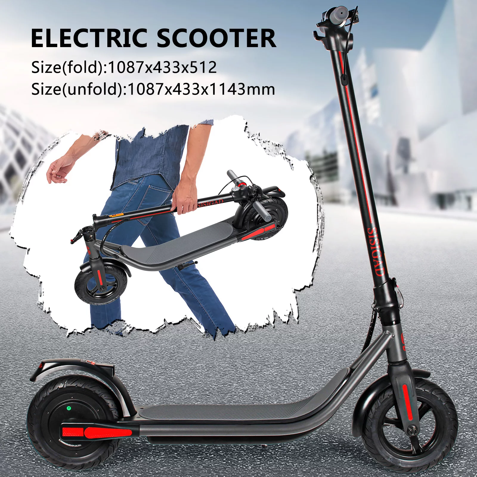 SISIGAD 10 inch Electric Scooter, Front LED Lights, 48V 7.5Ah Battery, 450W Adjustable Foldable Kick Scooter for Adults and Kids