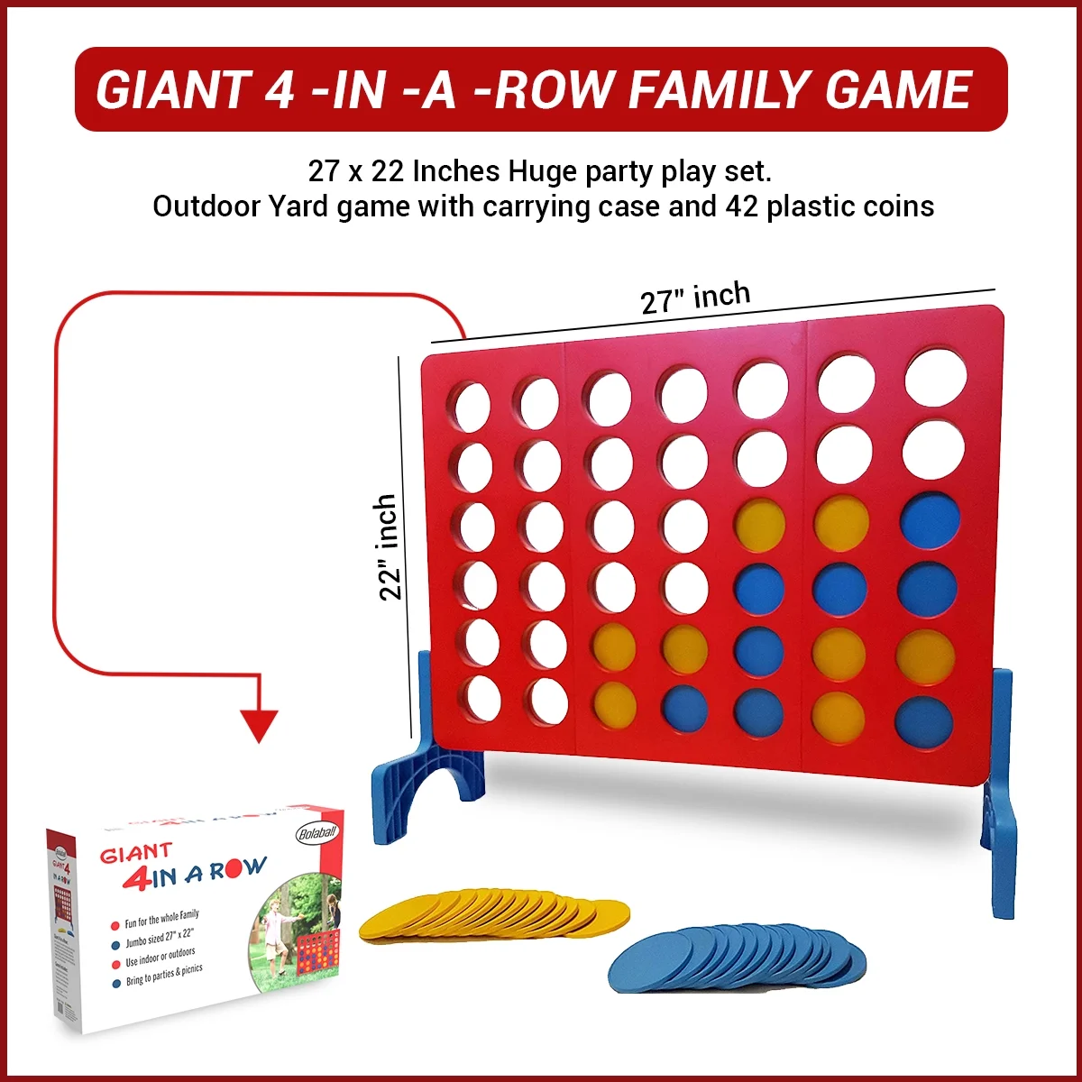 Bolaball Giant 4 in-A-Row Outdoor Yard Game with Carrying Case and 42 Plastic Coins.