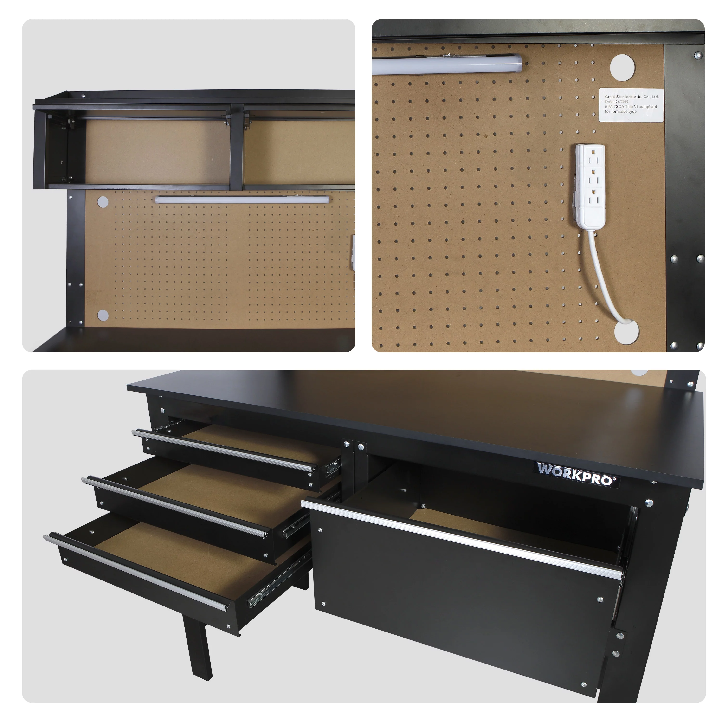 WORKPRO 2-in-1 48-inch Workbench and Cabinet Combo with Light, Steel, Wood