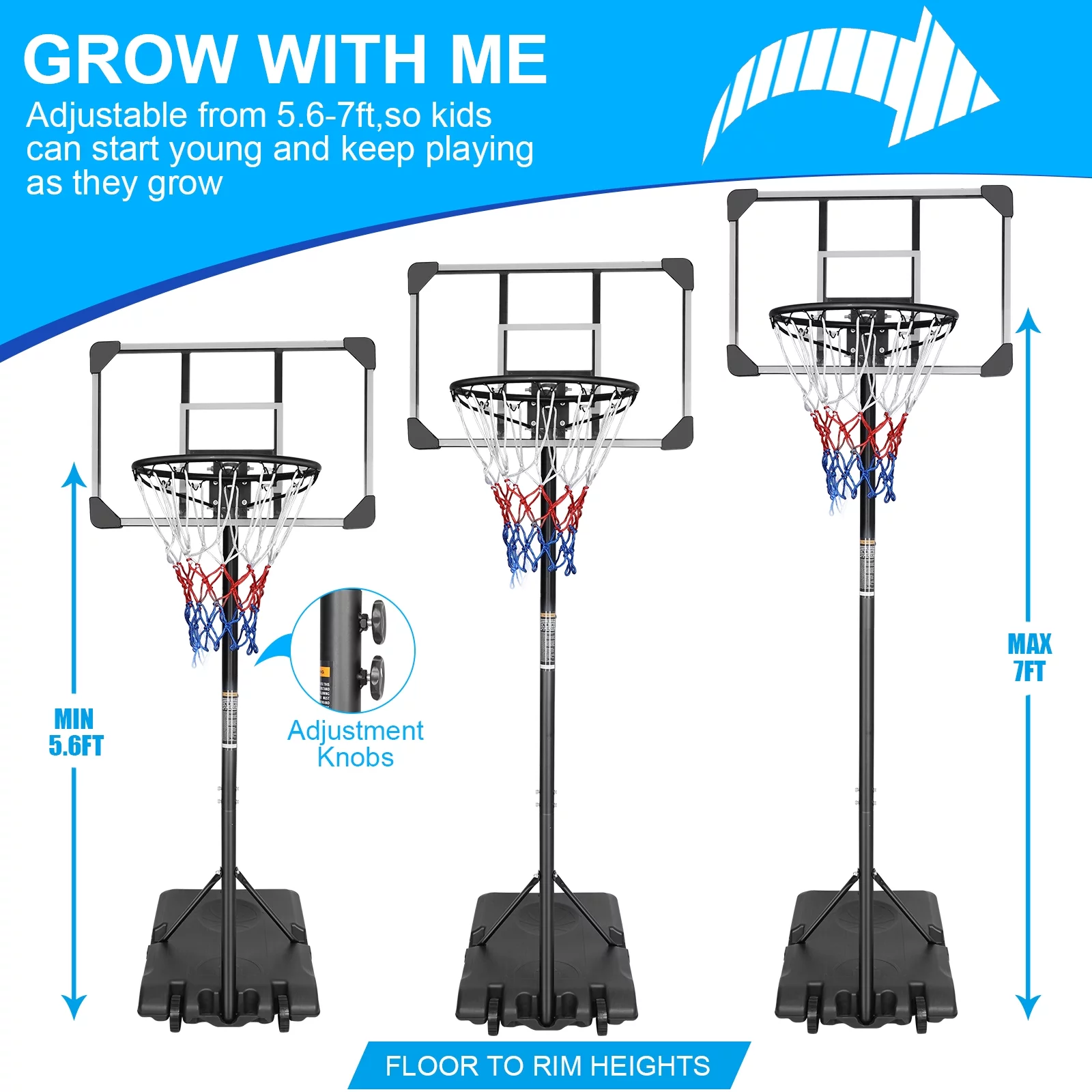 HooKung Portable Basketball Hoops Height Adjustable 5.6ft -7ft Basketball System 28” Backboard with Wheels for Teenagers Youth Indoor Outdoor Use