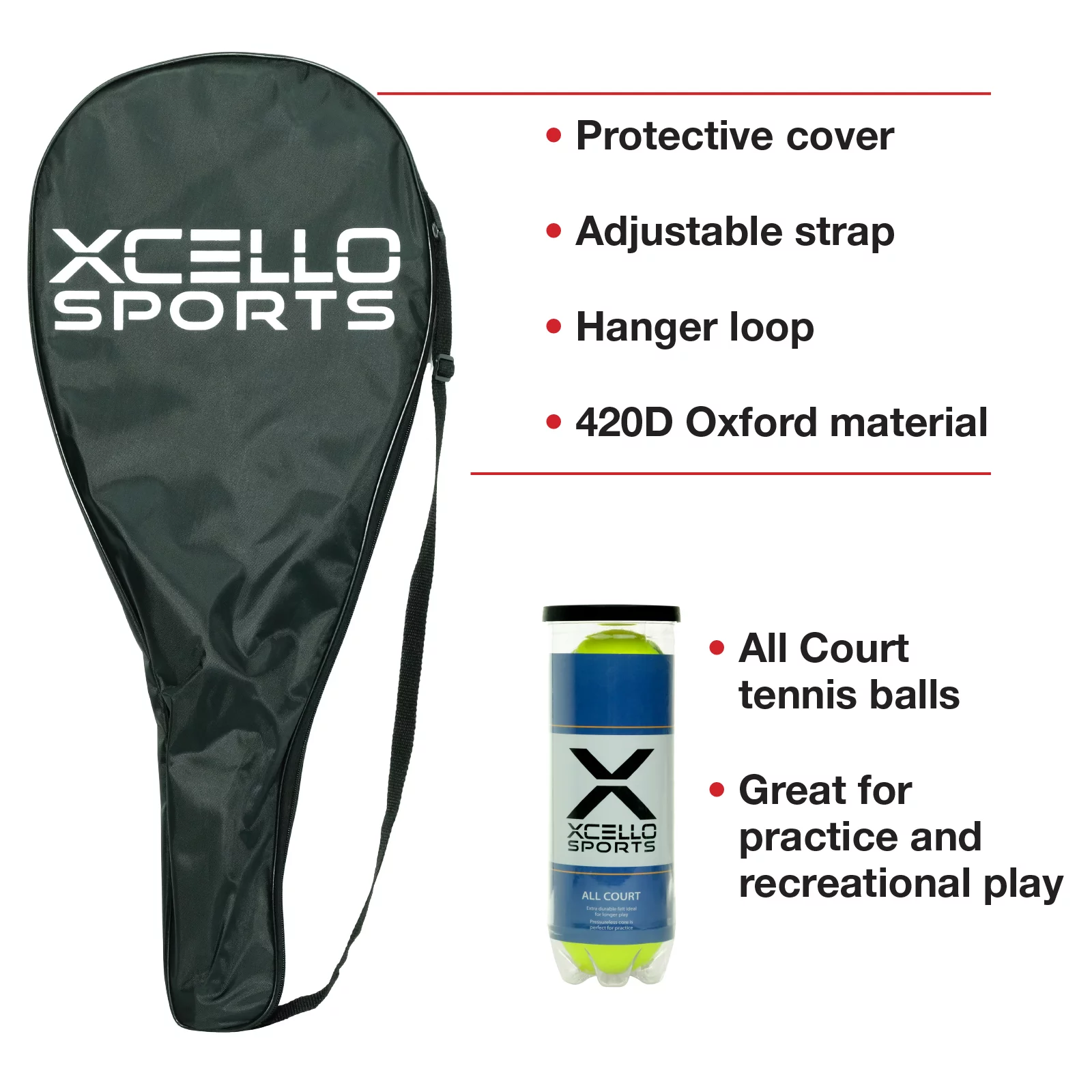 Xcello Sports 2-Player Aluminum Tennis Racket Set for Adult – Includes Two 23″ Tennis Rackets, Six All Court Balls, and Two Carry Cases – Blue/Black