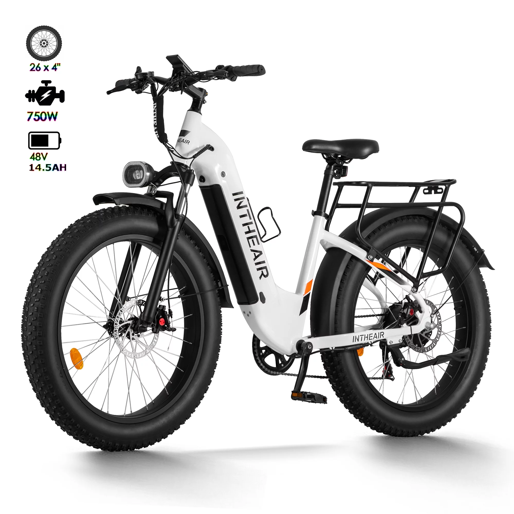 INTHEAIR Rocket-ST Electric Bike 26″ x 4.0 Fat Tire Step-Thru ebike For Adults 750W Motor 48V 14.5A Battery Shimano 7 Speed White