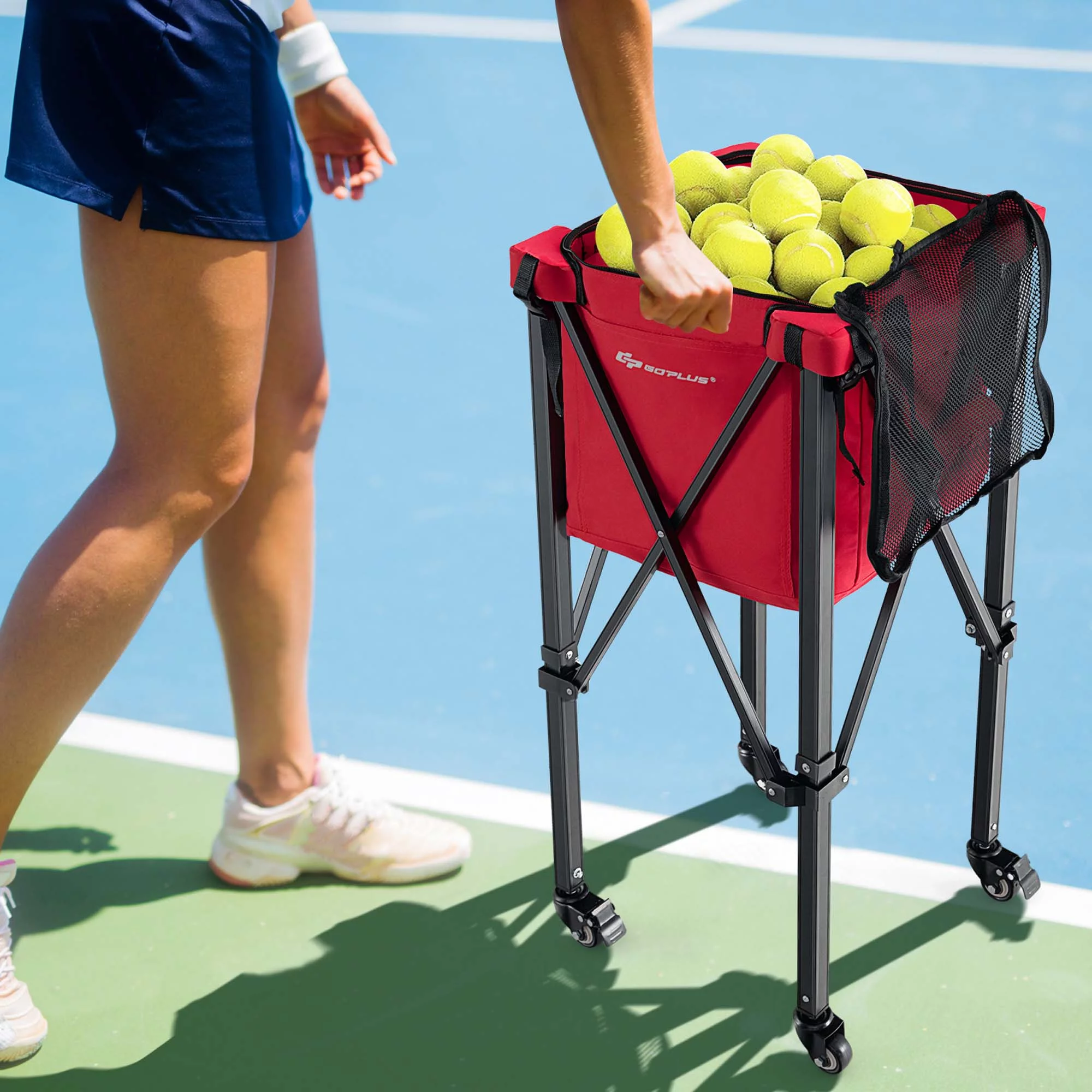 Goplus Foldable Tennis Ball Hopper Basket Portable Travel Teaching Cart with Wheels & Bag Blue