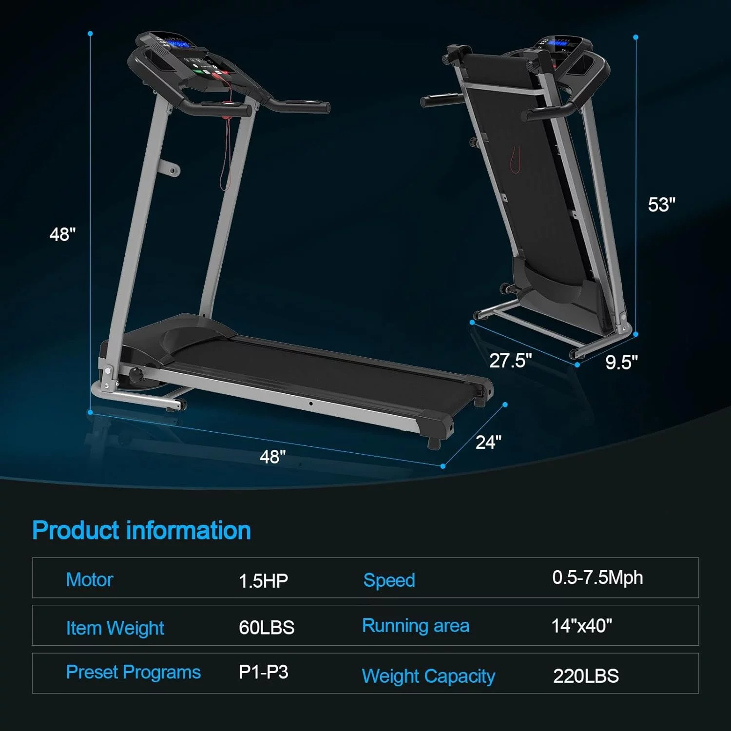 Clearance Folding Treadmill with Incline Foldable Electric Running Walking Machine for Home Fitness Jogging Exercise, Shock-Absorbent Running Deck, Device Holder – Black