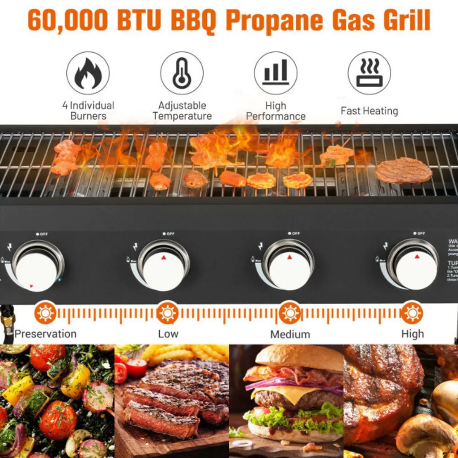 Vebreda 60000BTU 4 Burner Foldable Outdoor Propane Gas Grill , Black