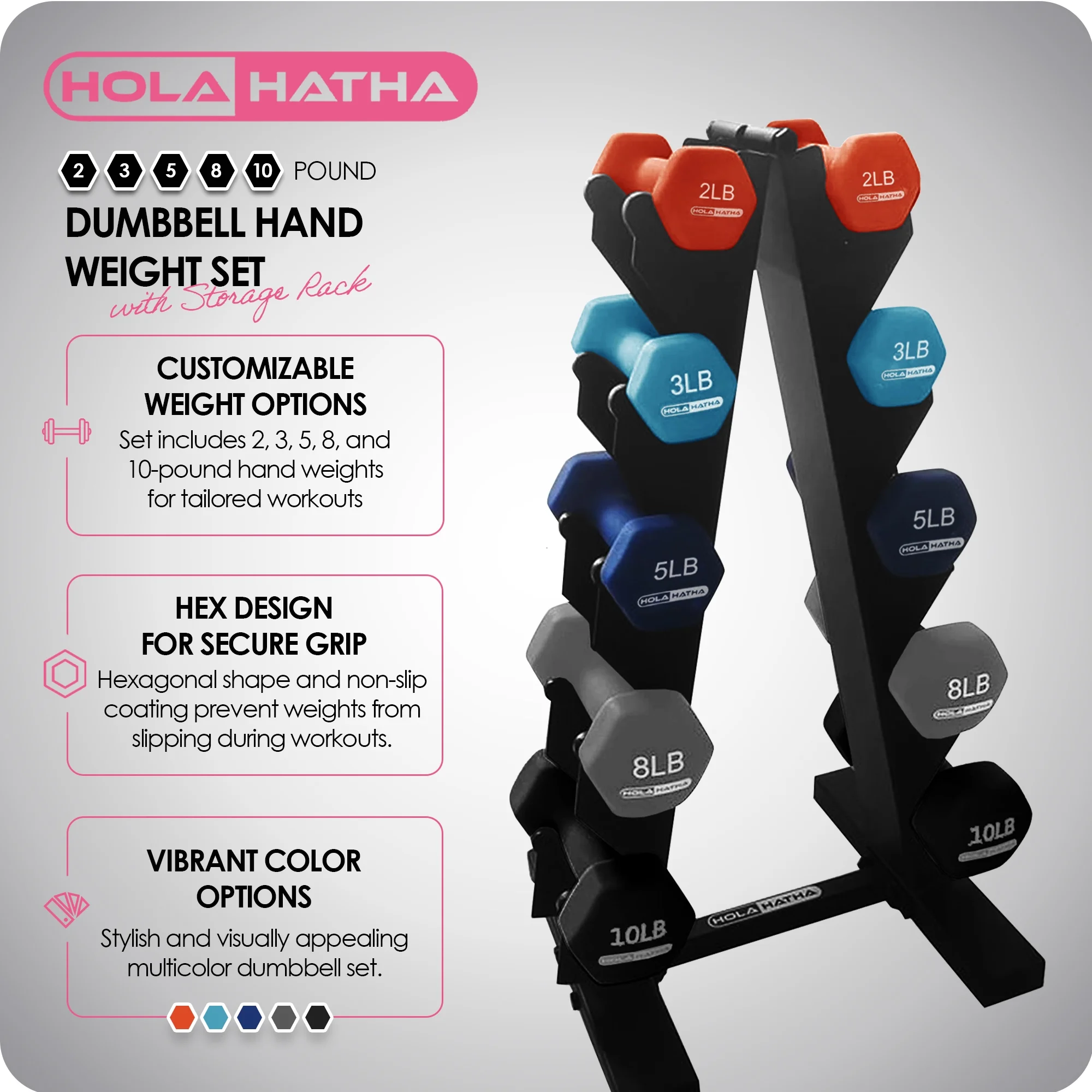 HolaHatha 2, 3, 5, 8, and 10 Pound Neoprene Dumbbell Weight Set with Rack