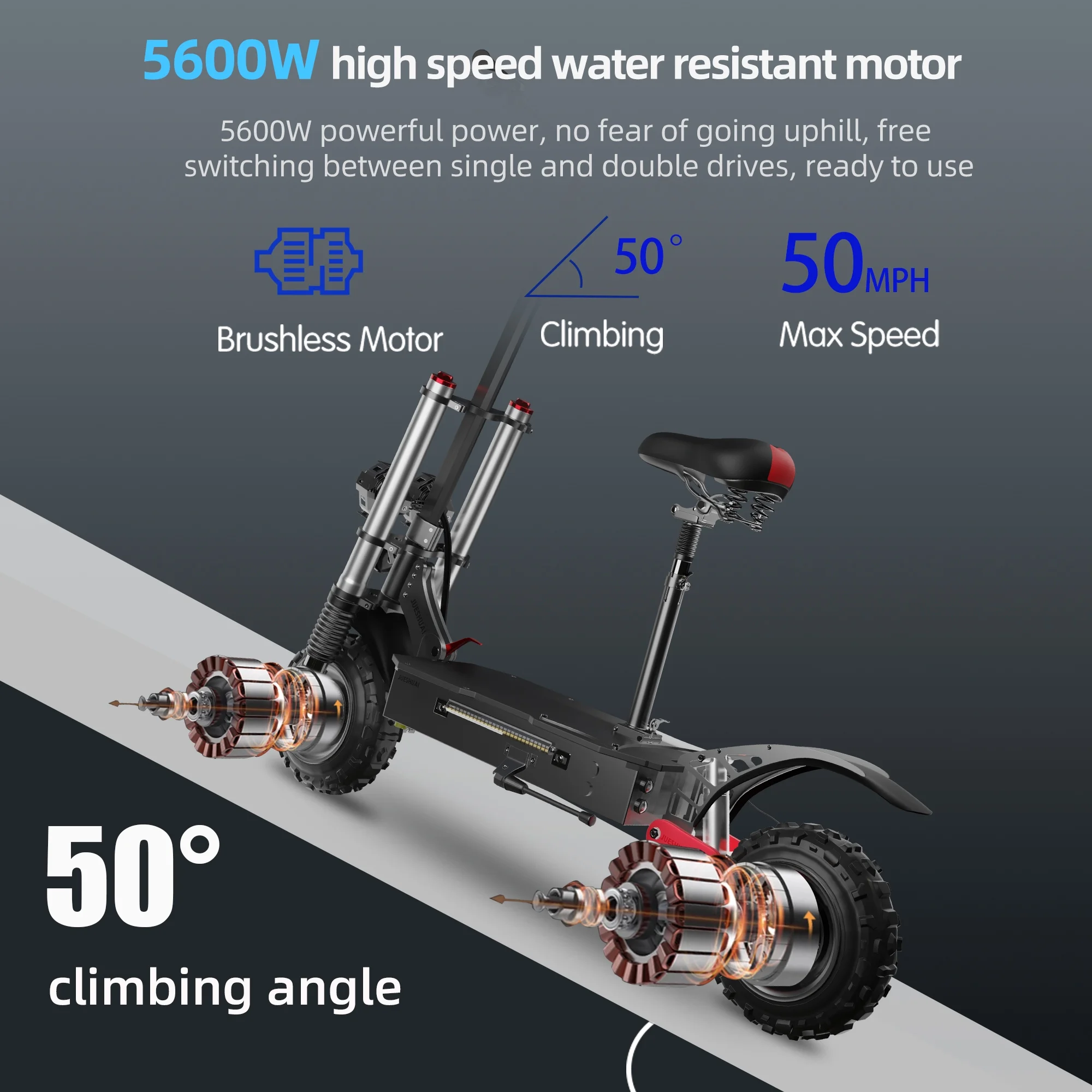 JUEXING T60 Electric Scooter – 5600W Dual Motor, 50 MPH, 11″ off-Road Tires, 440Ibs Load, for Adults