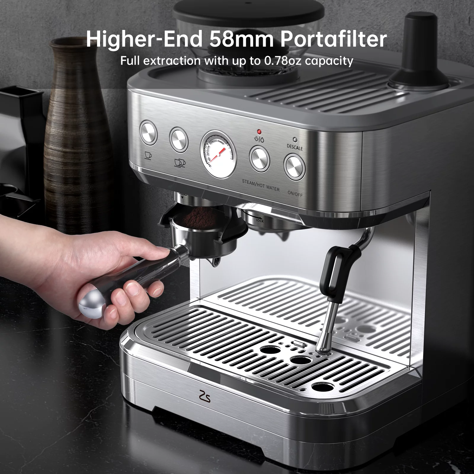 Zstar Express Espresso Machine, 15 Bar Espresso Coffee Machine Latte and Cappuccino Coffee Maker All in One Espresso Machine For Home Barista, Brushed Stainless Steel