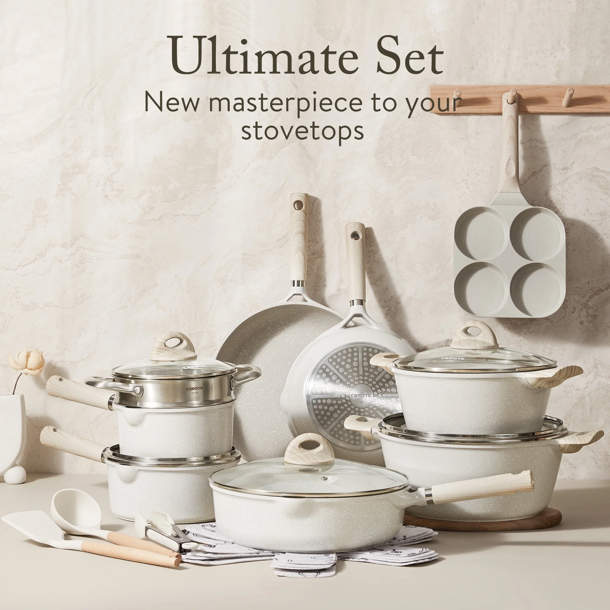 Carote Nonstick Pots and Pans Set, 21 Pcs Induction Kitchen Cookware Sets (Beige Granite)