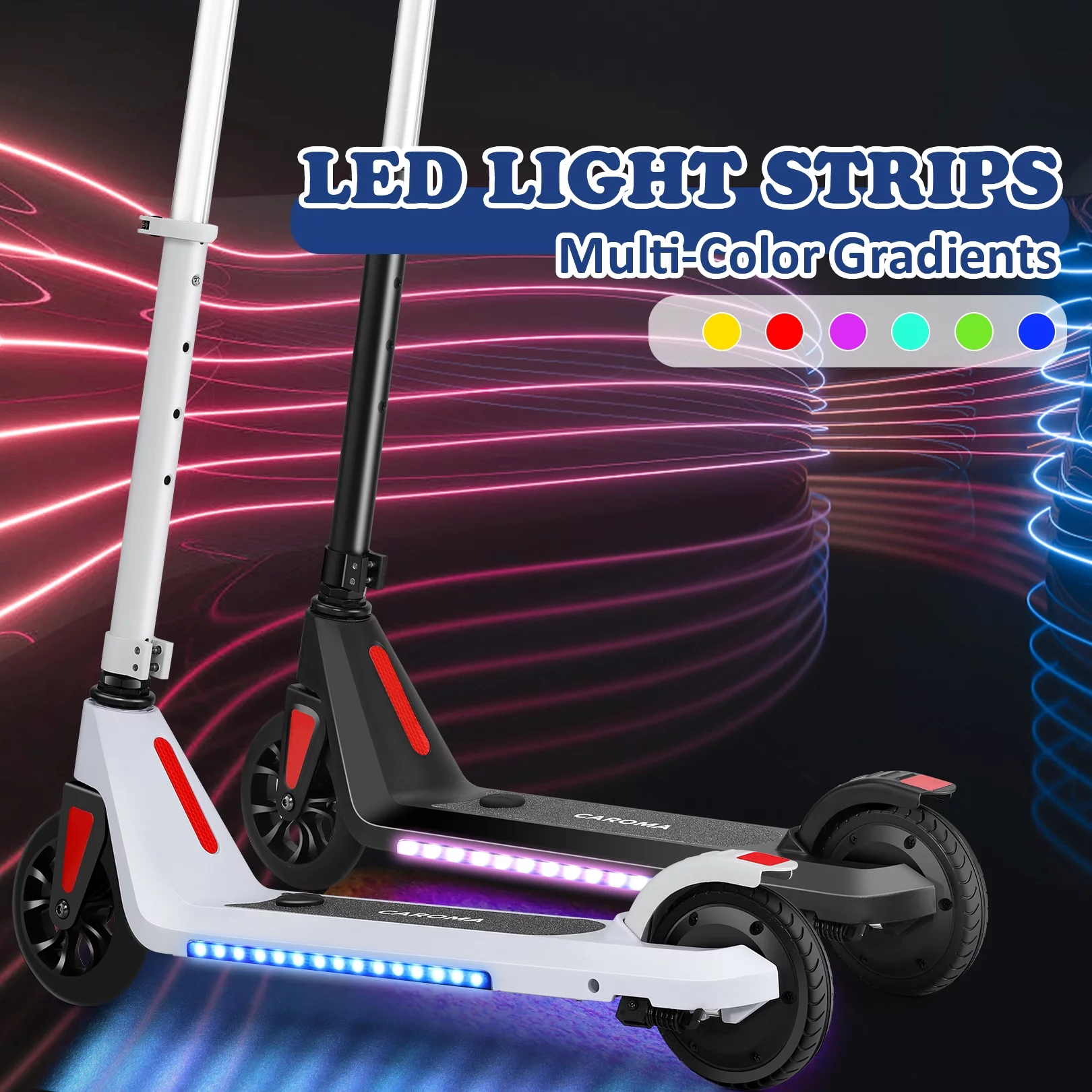 Caroma Electric Scooter for Kids Ages 6-12, 120W Kids Electric Scooter, Max 6 Miles & 6 MPH, Adjustable Height, Colorful Lights, Lightweight Electric Scooter for Kids Boy Girl – Blue