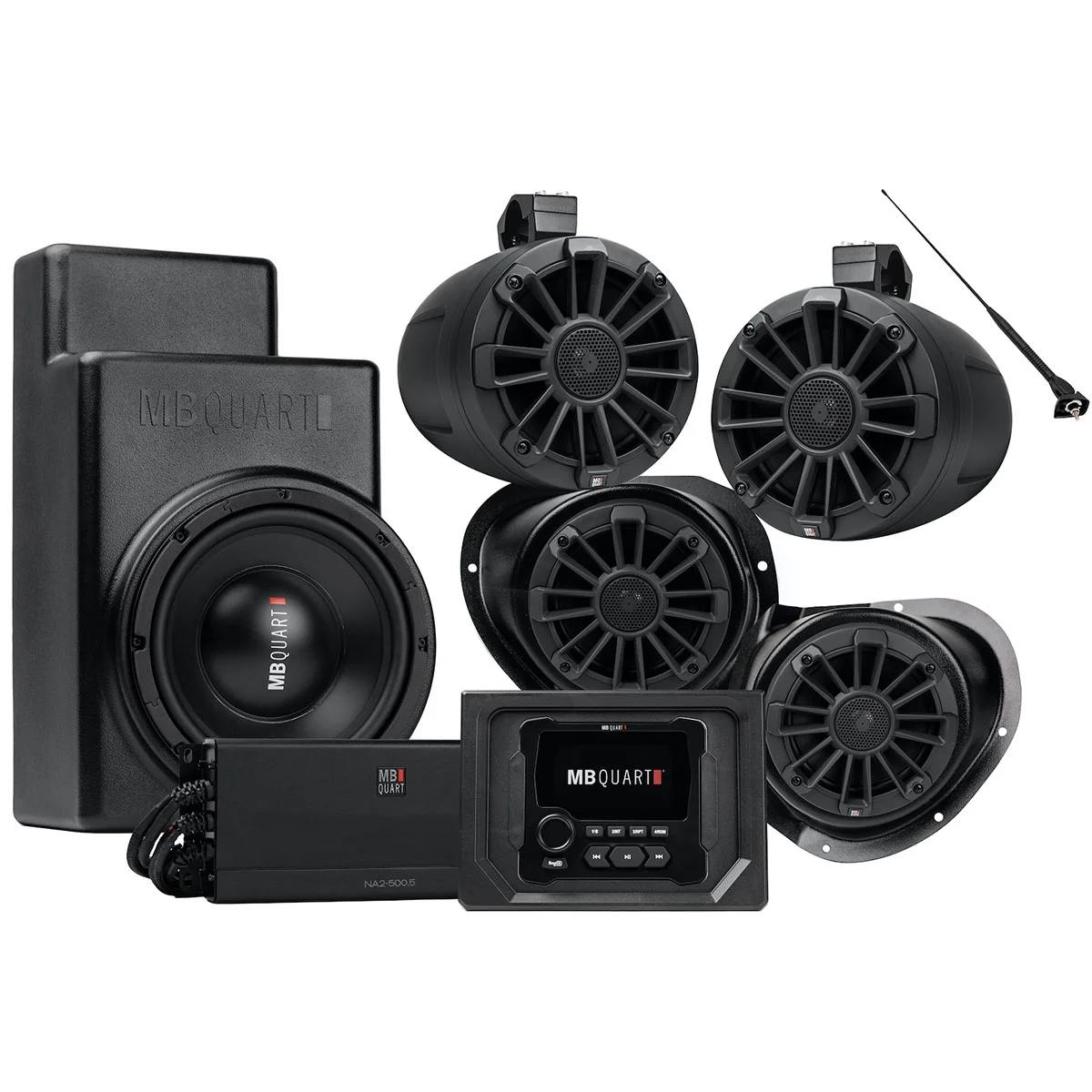 MB Quart 500 Watt STAGE 5 Tuned Audio Speakers Stage System Set with 4 Coaxial Speakers and Subwoofer for Polaris General and Ranger Ride Command