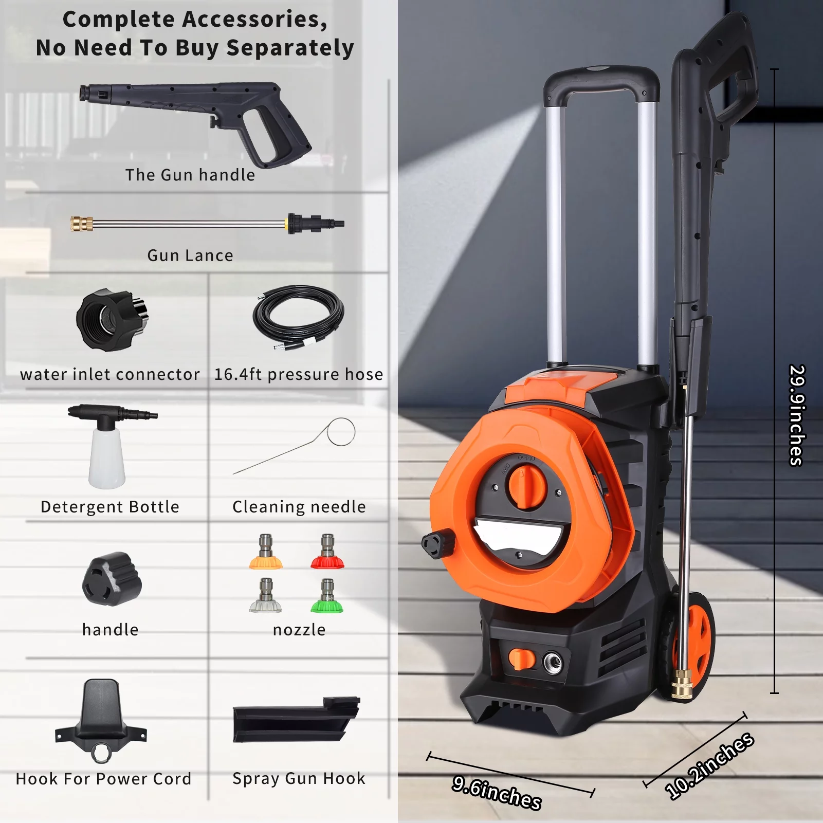 Vebreda 3300PSI Electric Pressure Washer with 4 Quick Connect Nozzlese 2.0GPM 1800W, Orange