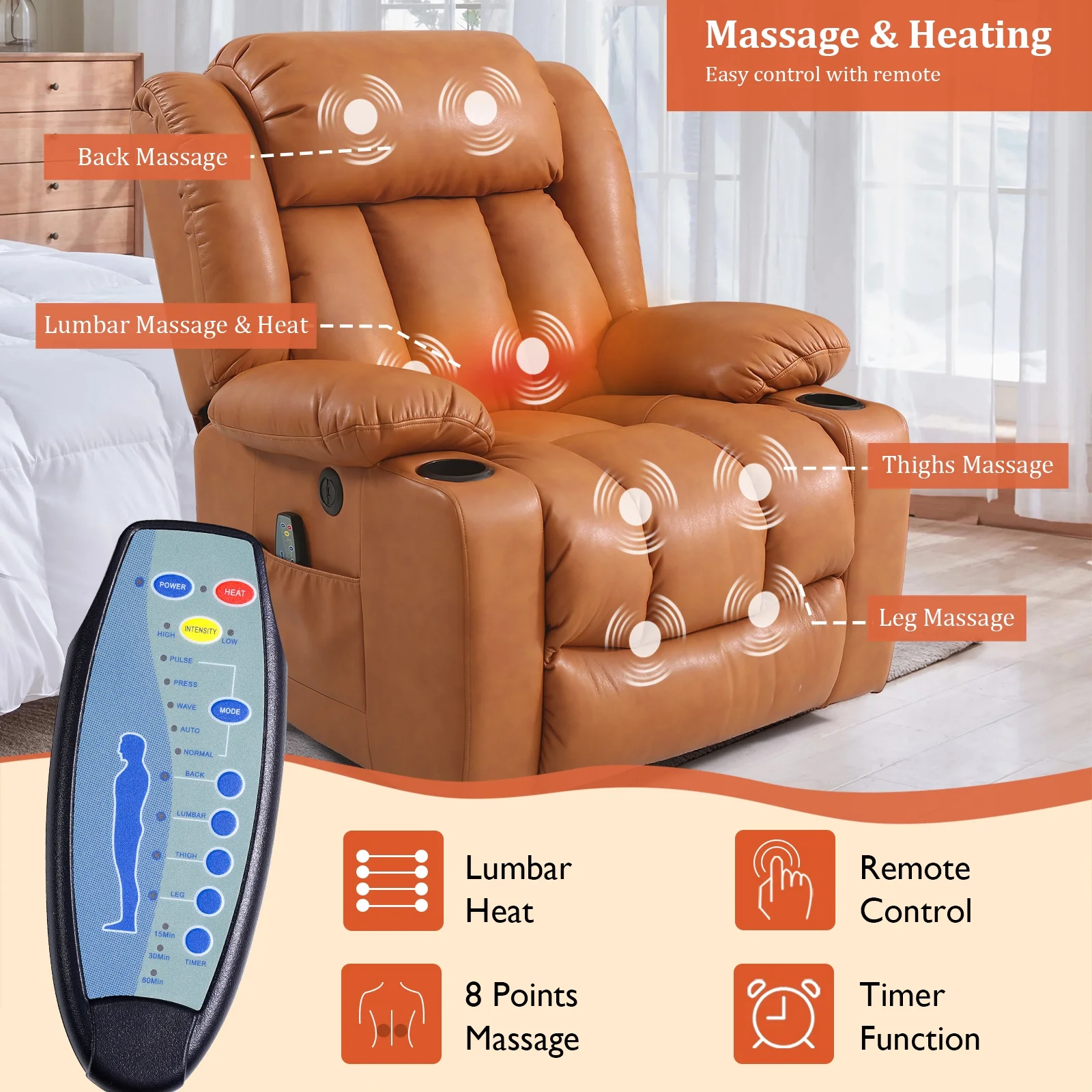 TEKAMON Large Power Lift Recliner Chair for Elderly with Heat and Massage Leather Electric Recliners Chair For Living Room with Cup Holders, Remote Control (Brown)