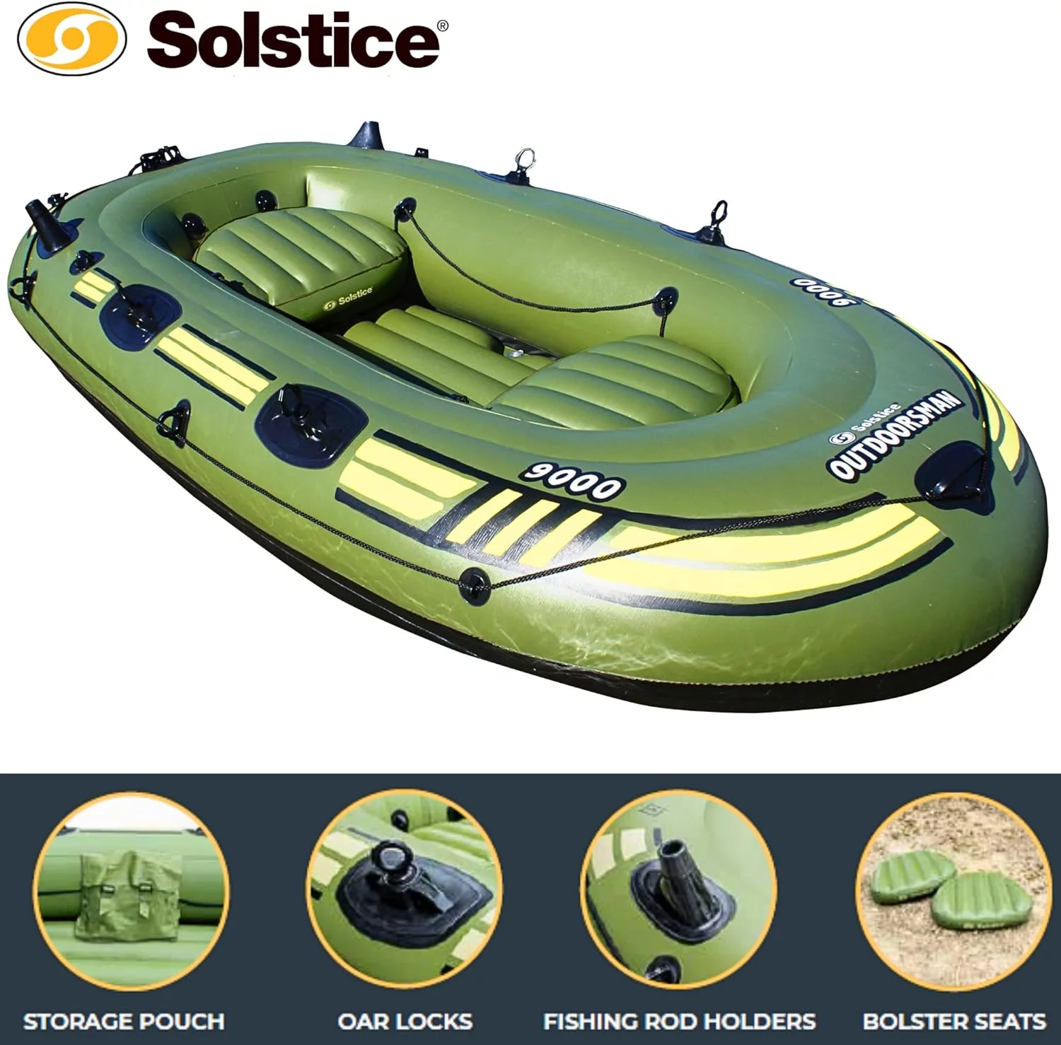 Solstice Outdoorsman 9-Foot Heavy-Duty Inflatable Fishing Boat with Quad Swivel Oar Locks and Dual Rod Holders, Motor Compatible