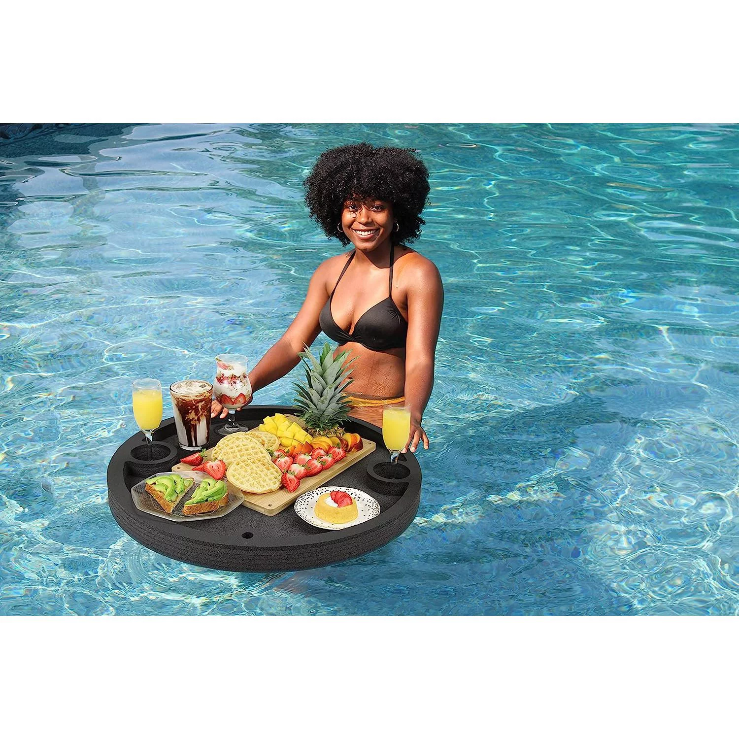 HElectQRIN Floating Breakfast Table Serving Buffet Round Tray Drink Holders for Swimming Pool or Beach Party Float Lounge Refreshment Durable Black Foam UV Resistant with Cup Holders 24 Inches Wide