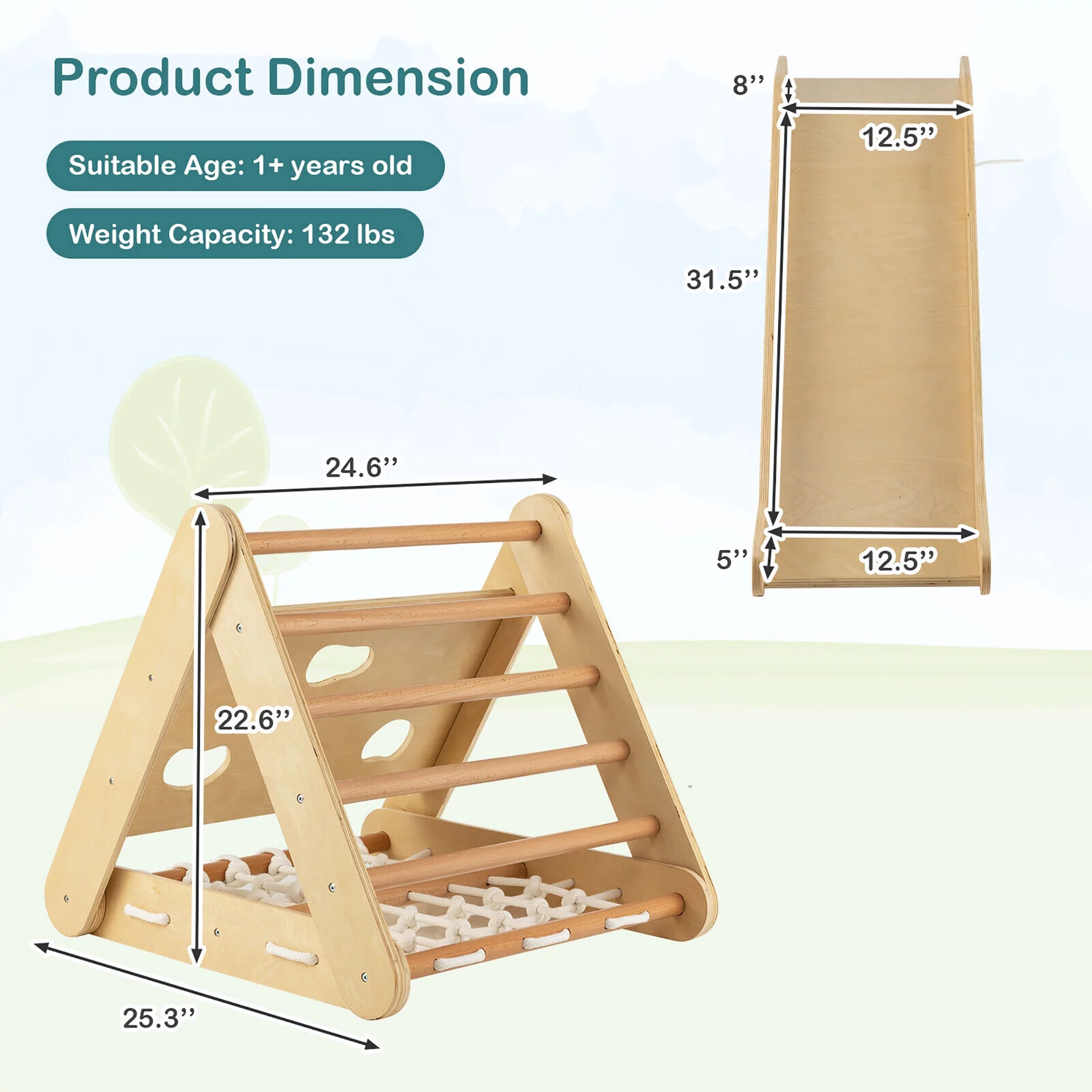 Gymax 4 in 1 Wooden Climbing Triangle Set Triangle Climber w/ Ramp Natural