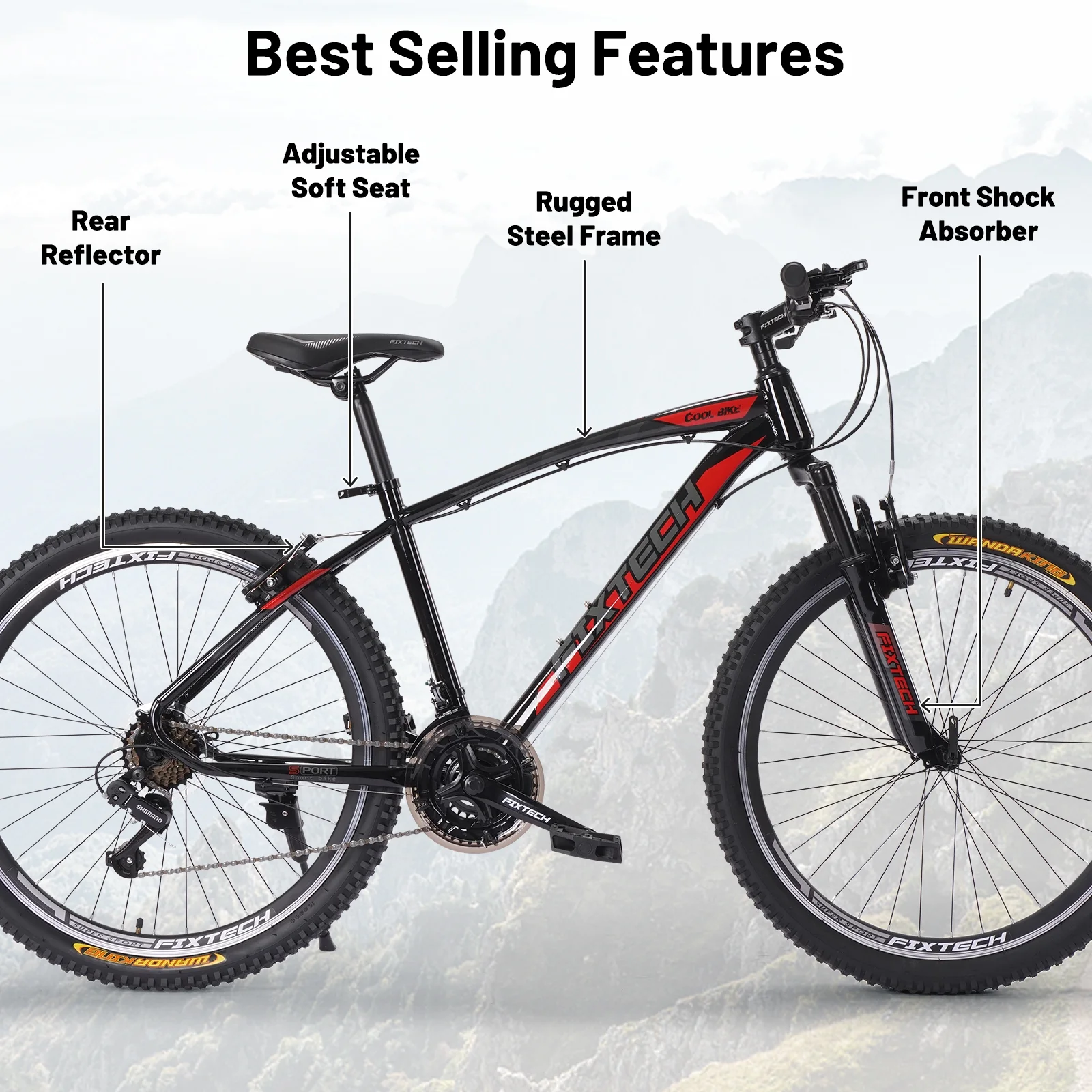 FIXTECH 26” Mountain Bike, Shimano 21 Speed MTB Bicycle for Adults, Black