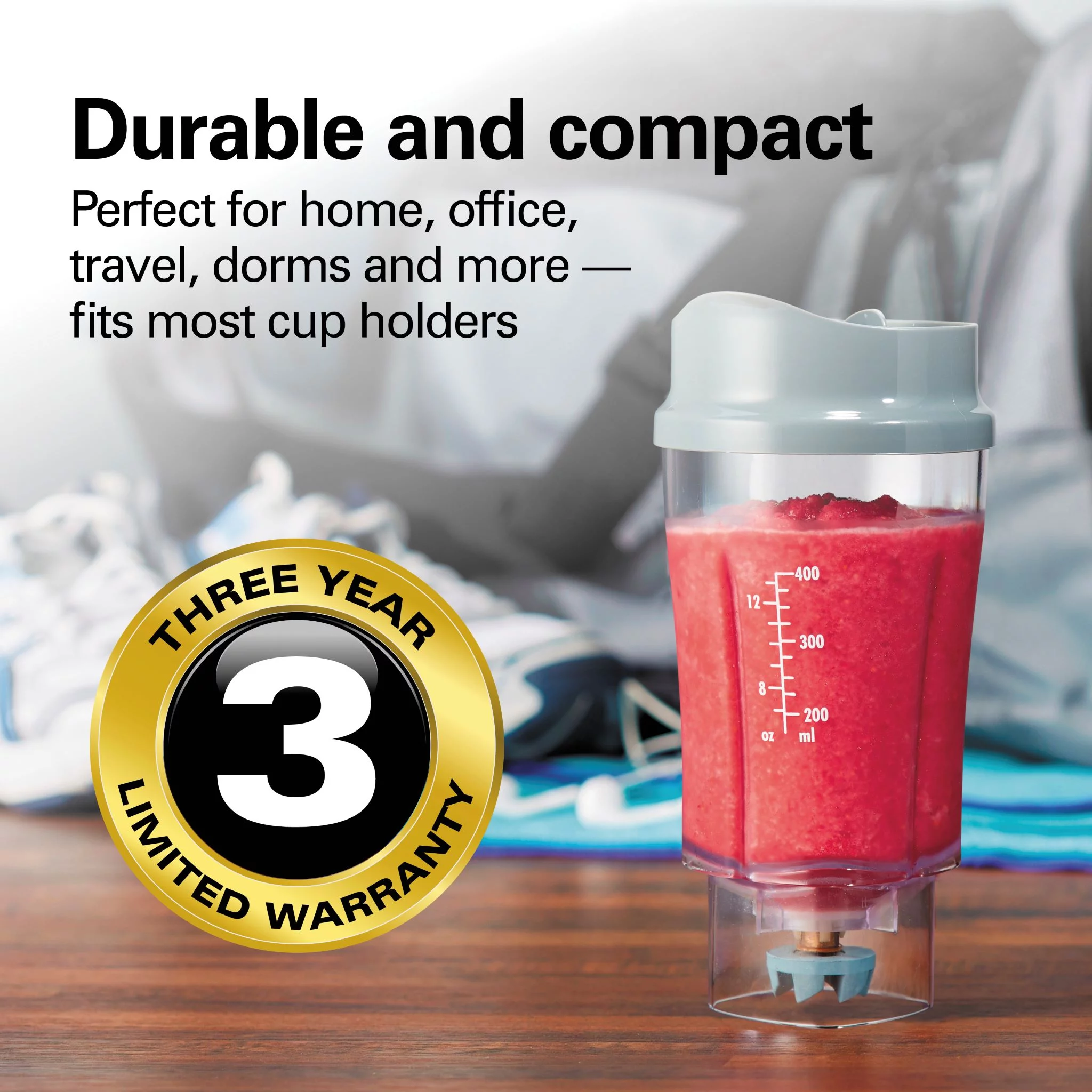 Hamilton Beach Single Serve Personal Smoothie Blender, 14 oz. Travel Cup and Lid, Gray, New, 51128F