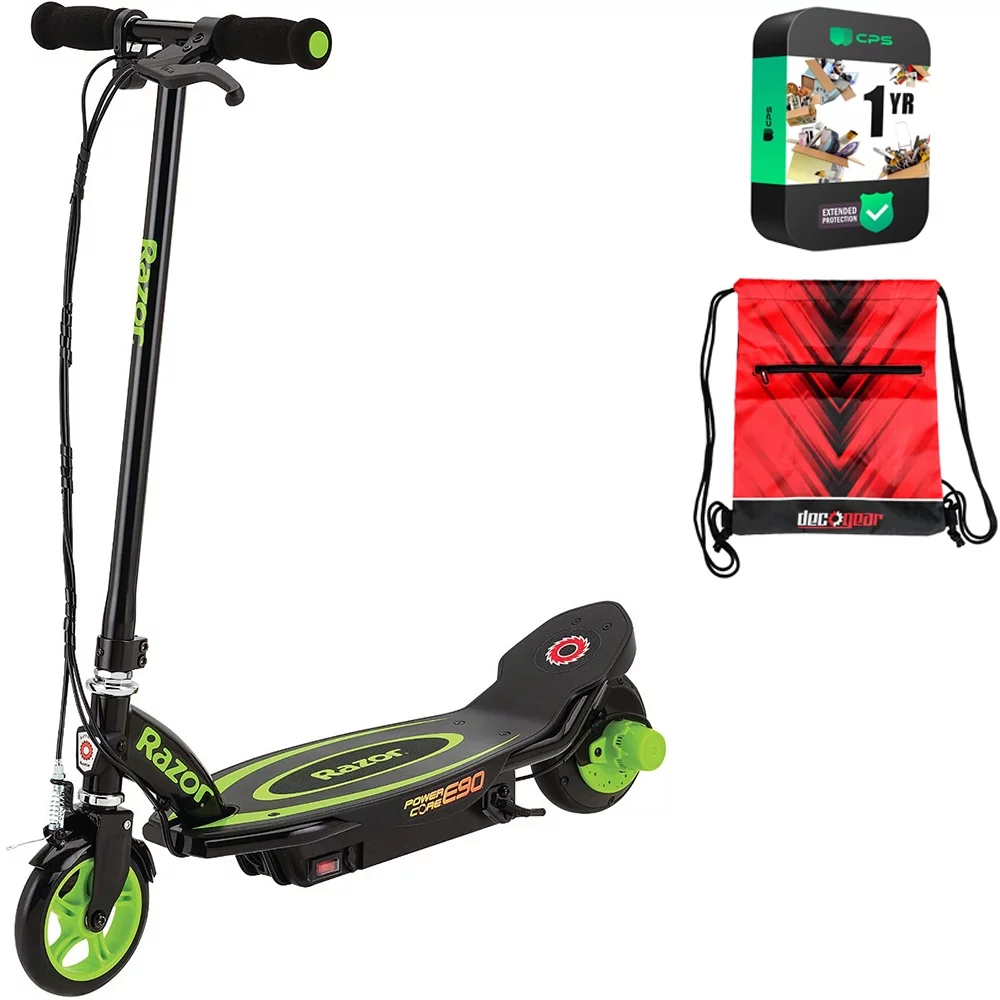 Razor 13111416 E90 Power Core Electric Scooter, Green Bundle with 1 Year Extended Protection Plan and Deco Essentials Drawstring Bag