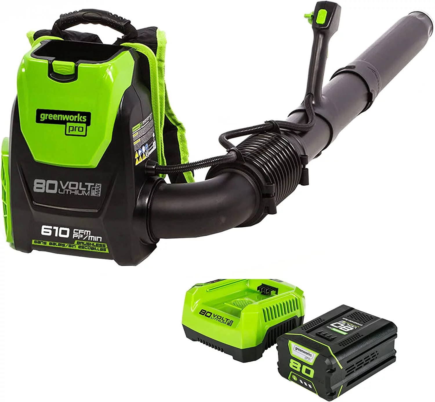 Greenworks Pro 80V 610 CFM Brushless Backpack Blower with 2.5 Ah Battery & Charger, 2404802