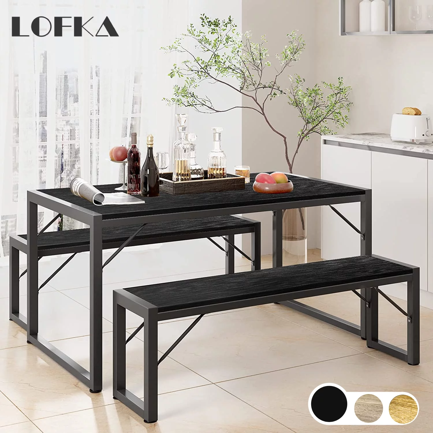 Lofka Kitchen Table and Chairs for 4 with 45.5″ Modern Dining Table Set for 4, Dinette Set Black