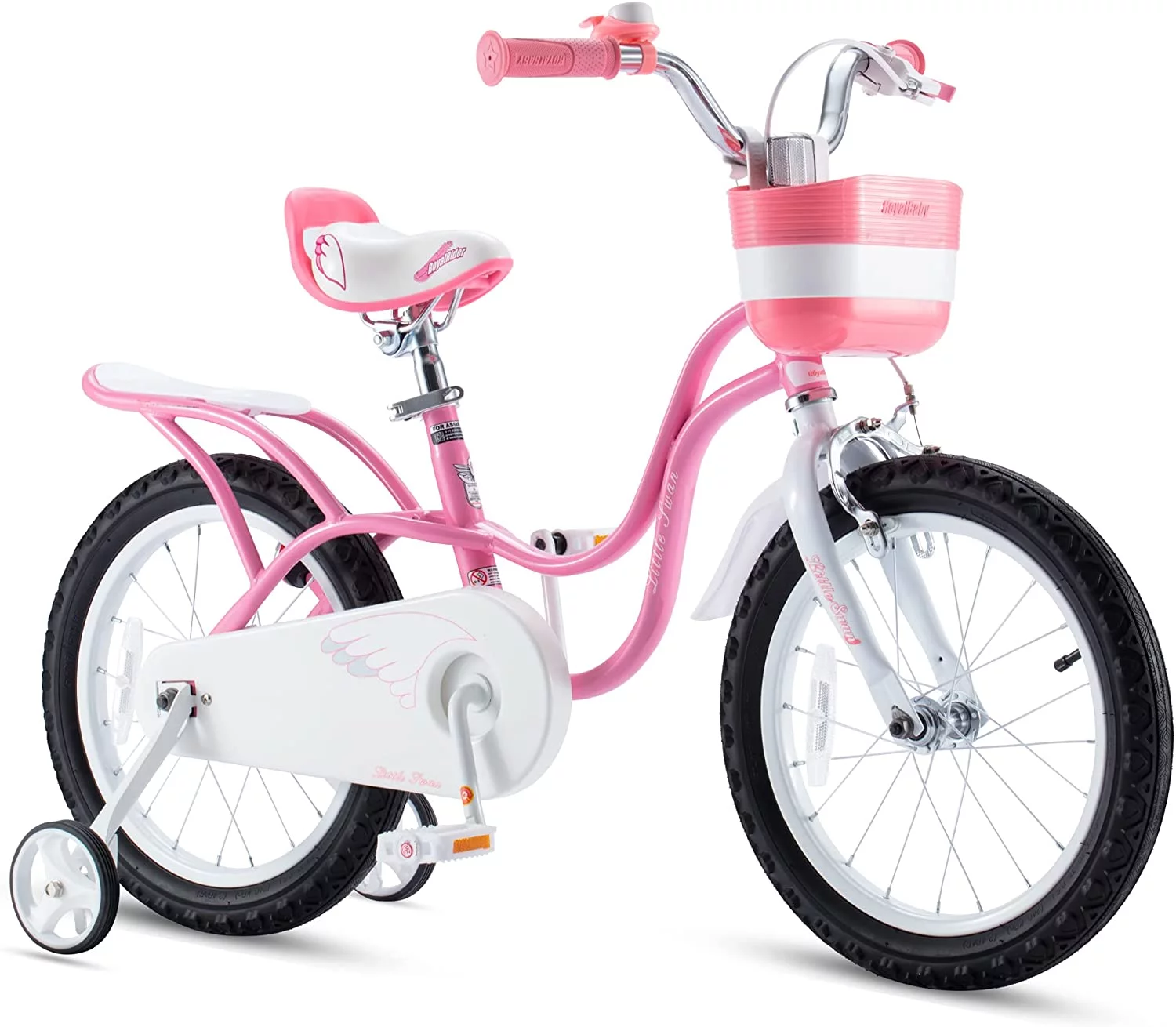 Royalbaby Little Swan Girls and Kid’s 12 In. Children’s Beginner Bicycles with Training Wheels Basket, Pink and white