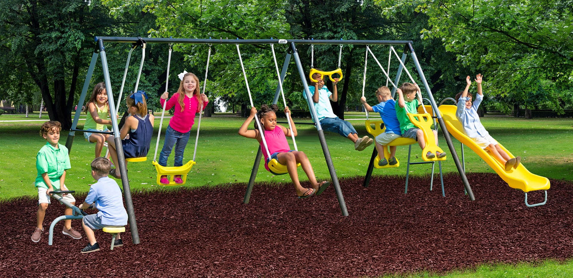 XDP Recreation Rising Sun Metal Swing Set with See Saw, Glider, Stand N Surf, Swing, Deluxe Trapeze, Fun Glider and Wave Slide