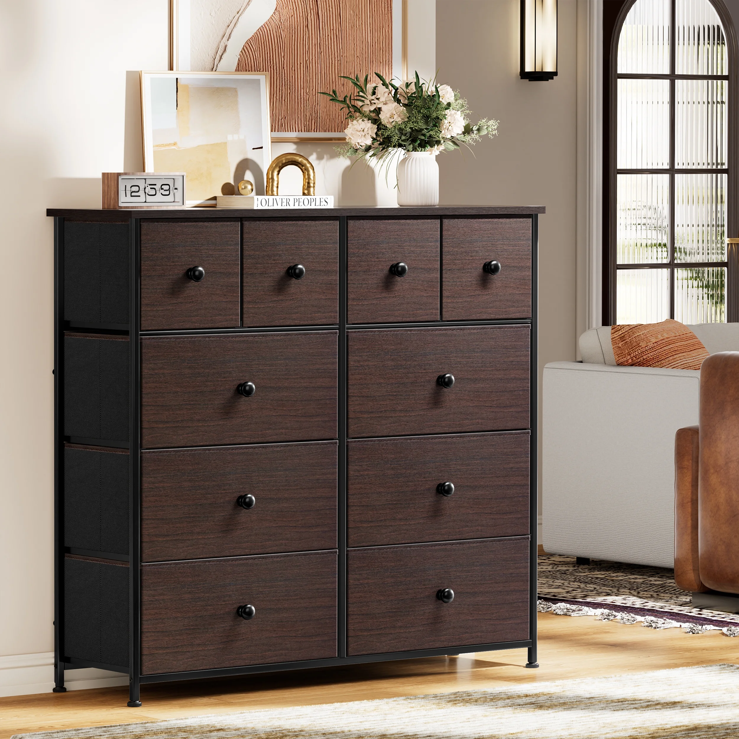 GUNAITO Dressers for Bedroom with 10 Drawer Fabric Chest of Drawers Storage Drawer Unit Tower Luxury Leather Finish Rustic Brown