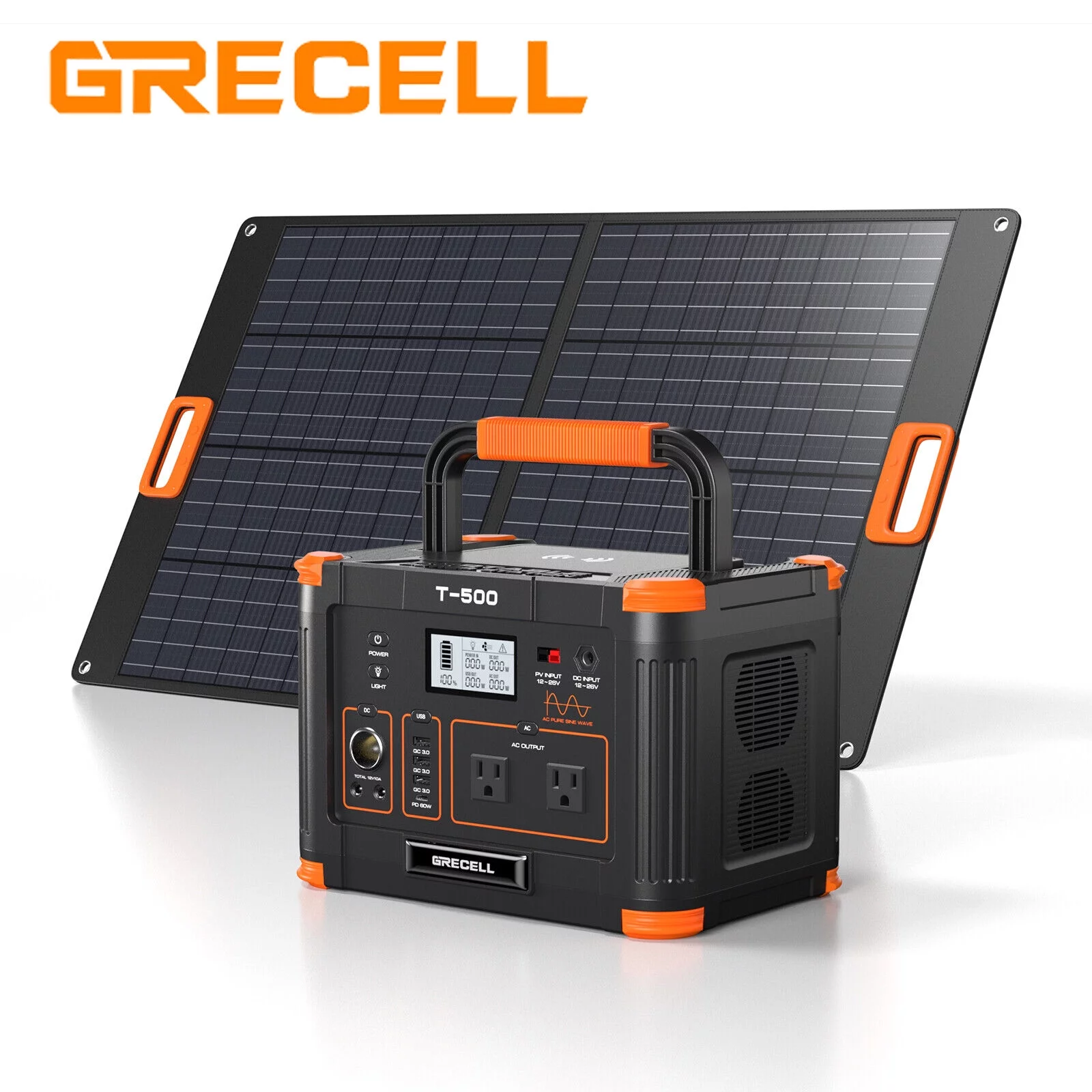 GRECELL 500W Portable Power Station Generator and 100W Solar Panel Charger Kits