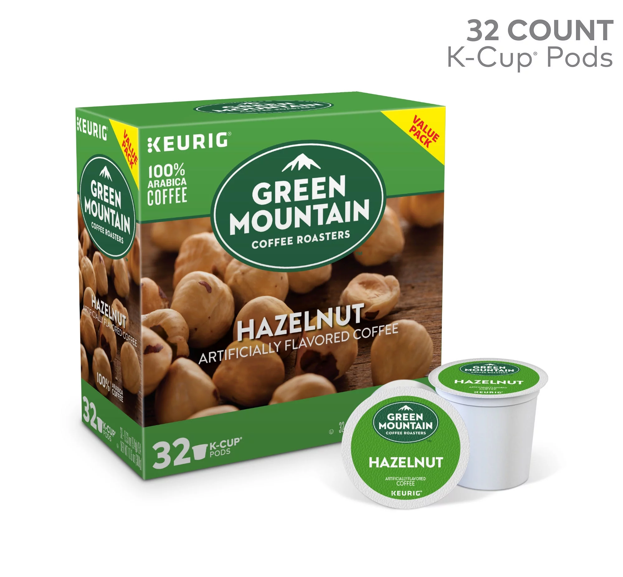 Green Mountain Coffee Hazelnut Flavored K-Cup Pods, Light Roast, 32 Count for Keurig Brewers